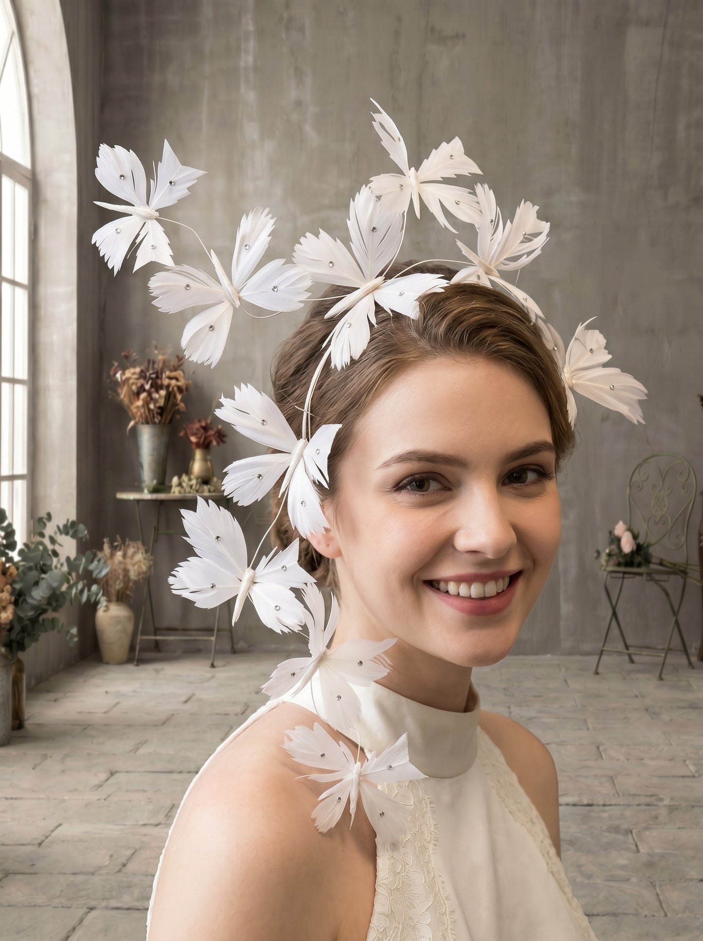 Whimsical Feather Butterfly Bridal Headband - Cascading 3D Fluttering Fascinator Crown for Modern Bride  LUNA-X218