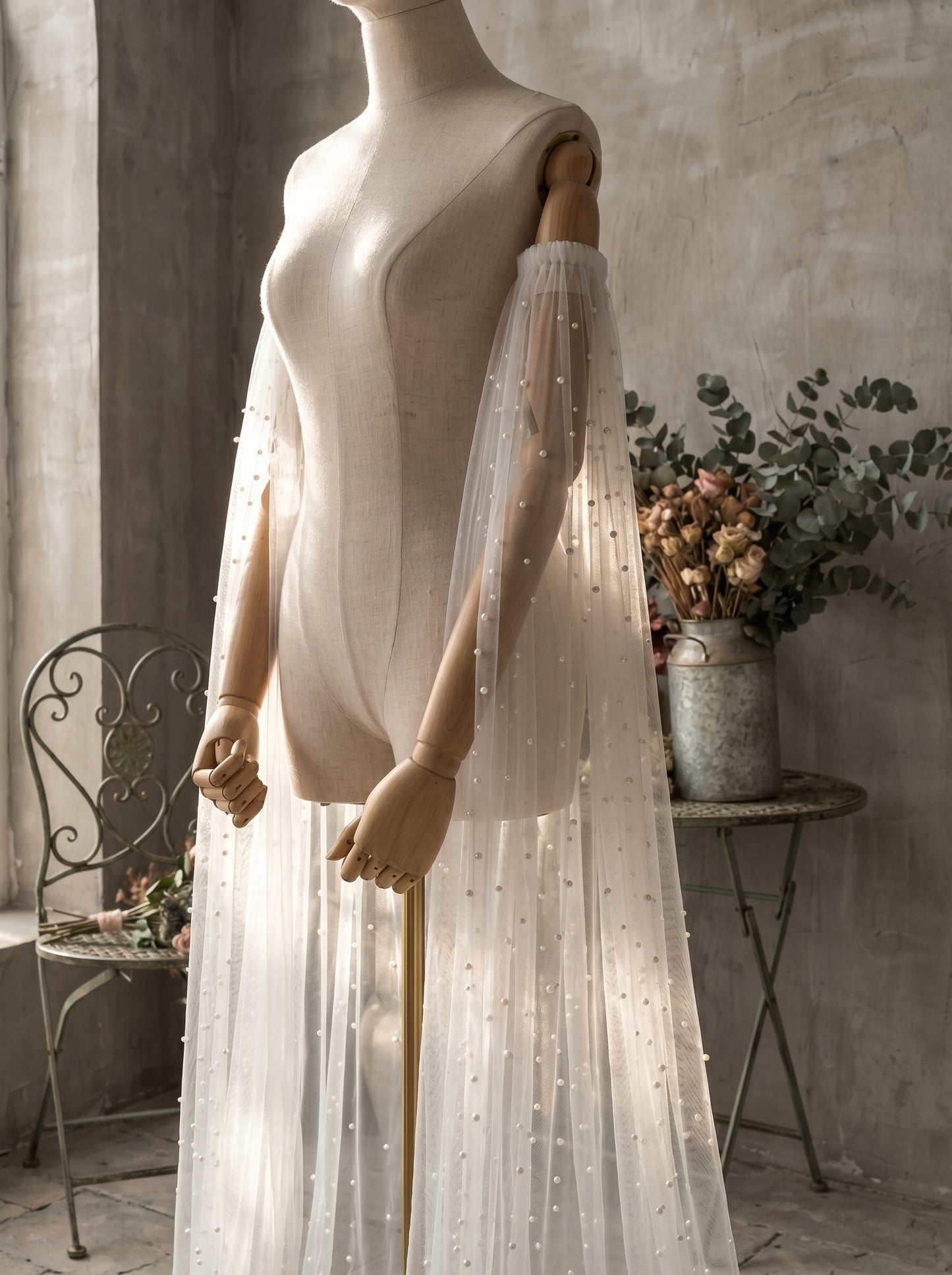 Detachable Pearl Bridal Sleeves - 150cm Off the Shoulder Wedding Cape Wings Pearls Beaded Mesh Flattering Arm Cover LUNA-X229