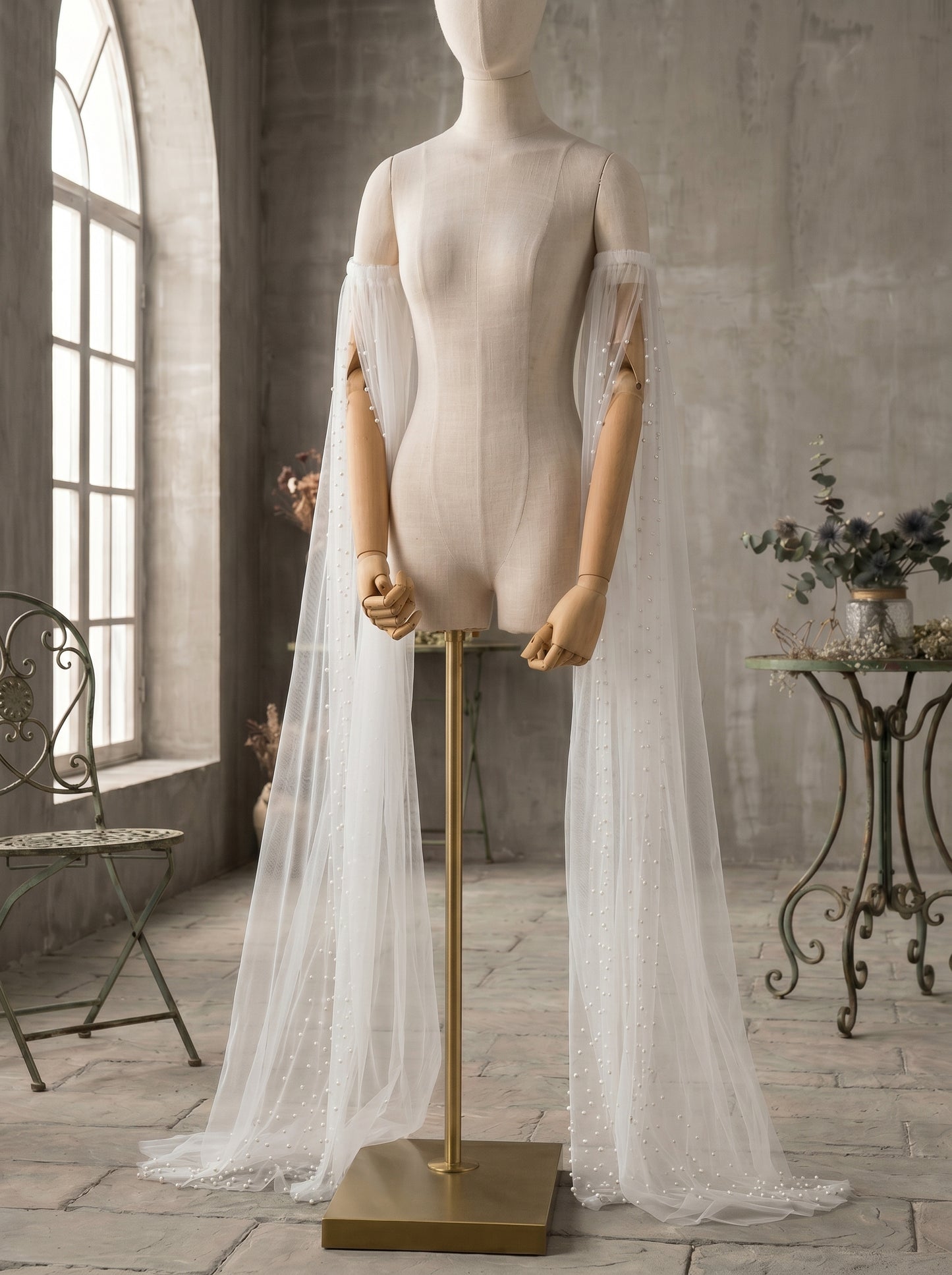 Detachable Pearl Bridal Sleeves - 150cm Off the Shoulder Wedding Cape Wings Pearls Beaded Mesh Flattering Arm Cover LUNA-X229