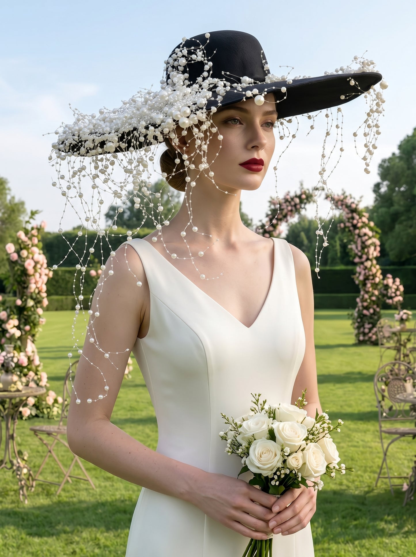 Gothic Black Wedding Hat with Pearl Galaxy Veil - Anti-Bride Statement Wide-Brim Hat with Cascading Beaded Netting  LUNA-X199