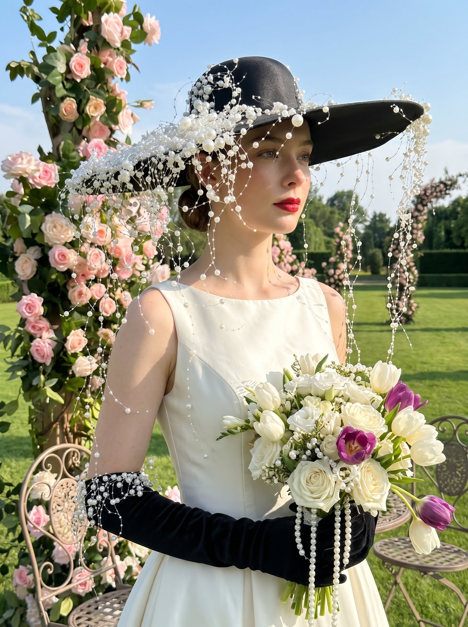 Gothic Black Wedding Hat with Pearl Galaxy Veil - Anti-Bride Statement Wide-Brim Hat with Cascading Beaded Netting  LUNA-X199