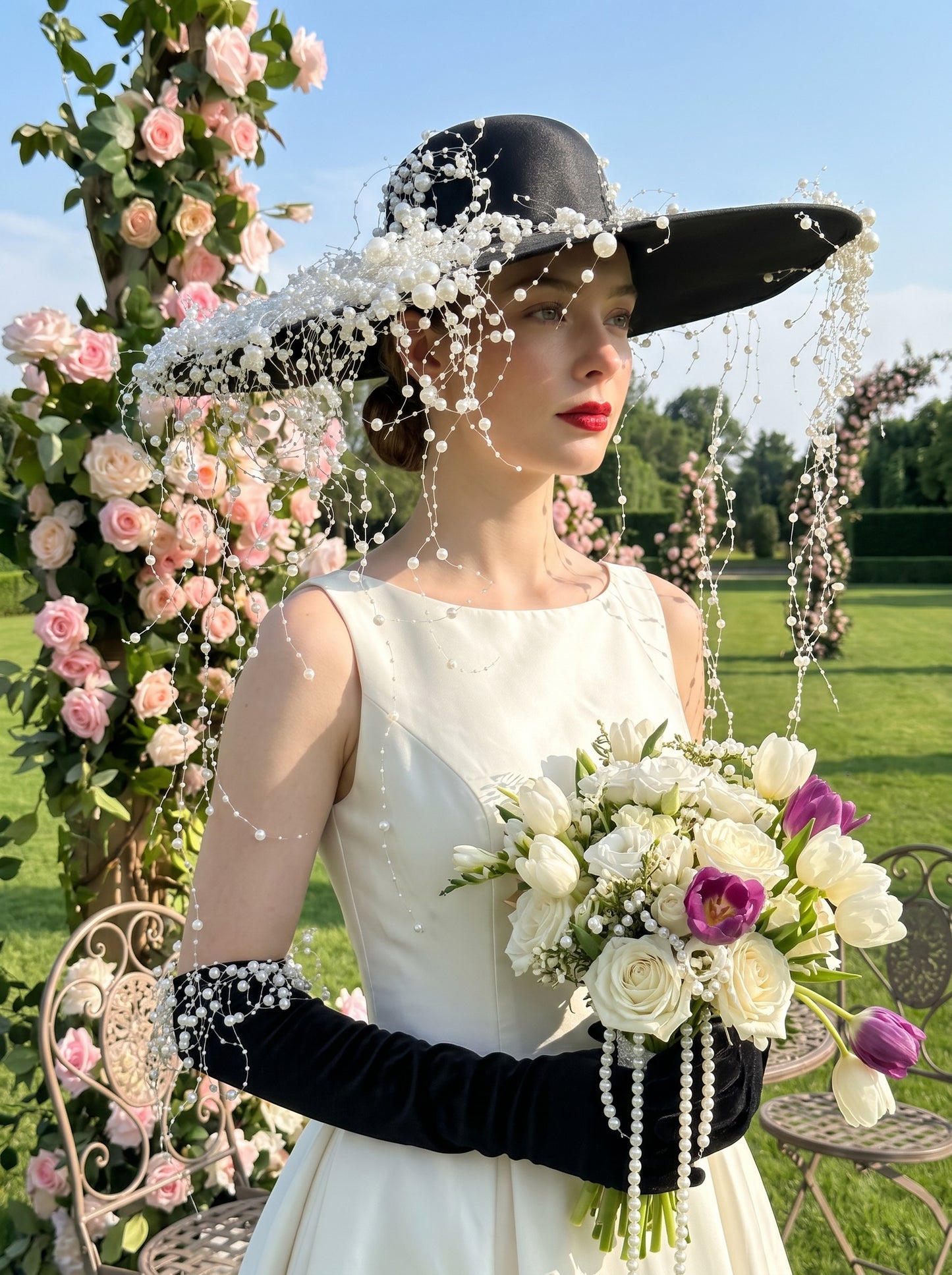 Gothic Black Wedding Hat with Pearl Galaxy Veil - Anti-Bride Statement Wide-Brim Hat with Cascading Beaded Netting  LUNA-X199