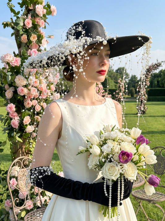 Gothic Black Wedding Hat with Pearl Galaxy Veil - Anti-Bride Statement Wide-Brim Hat with Cascading Beaded Netting  LUNA-X199