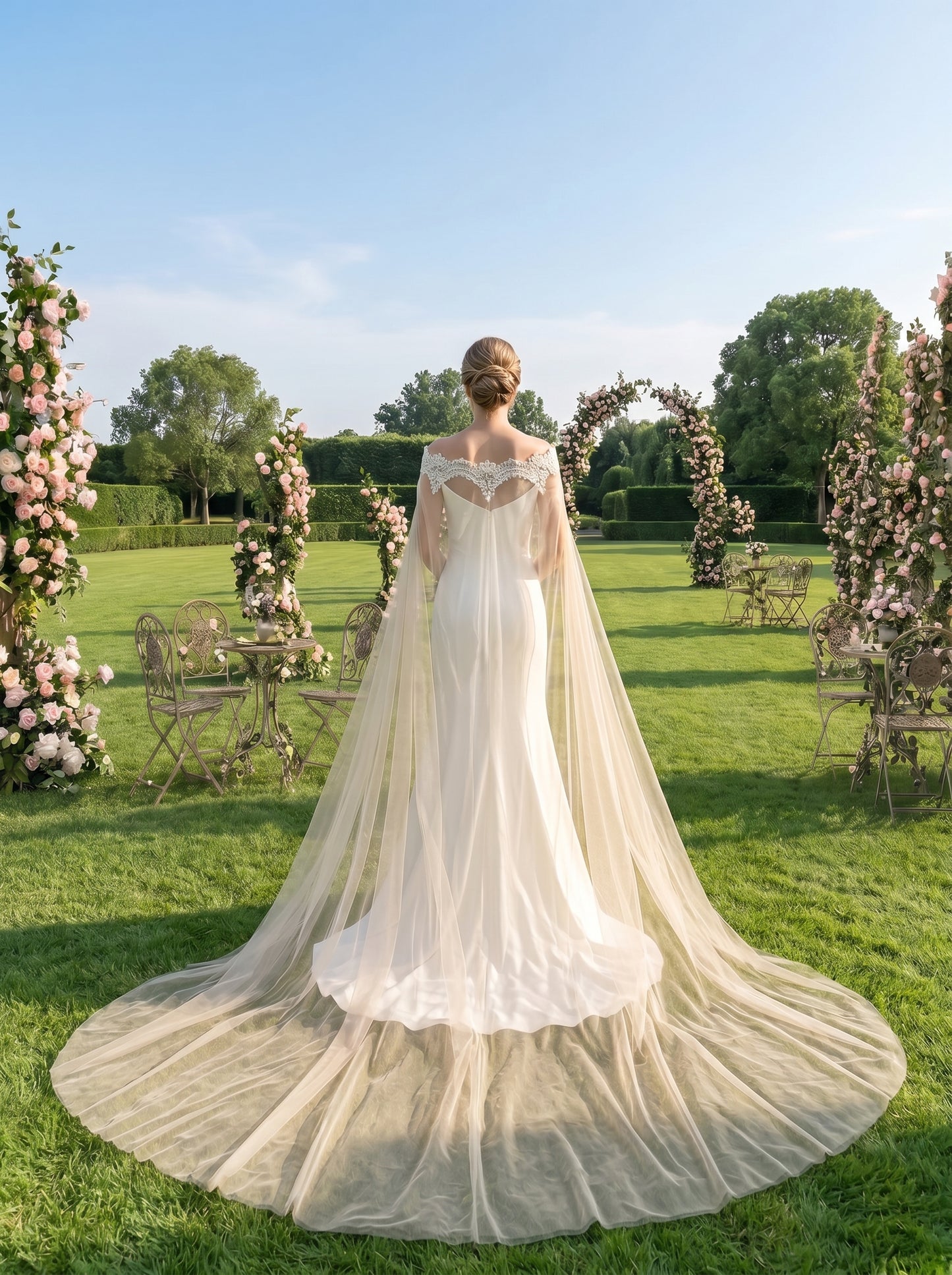 Off the Shoulder Lace Bridal Cape Veil - 300cm Cathedral Length Bardot Wedding Capelet Lightweight Illusion Mesh  LUNA-X225