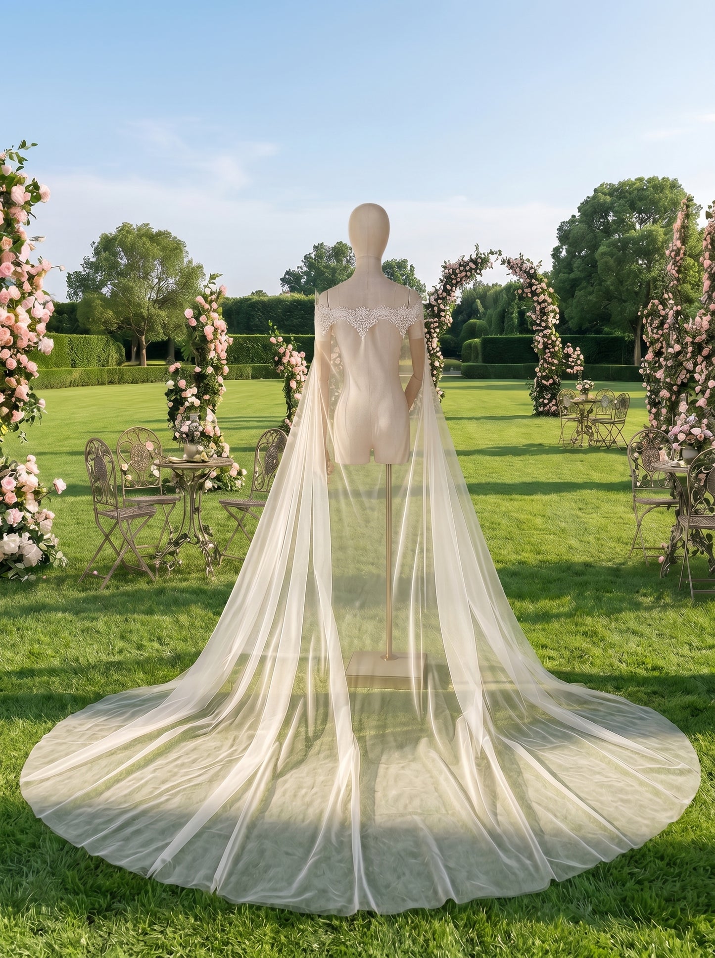 Off the Shoulder Lace Bridal Cape Veil - 300cm Cathedral Length Bardot Wedding Capelet Lightweight Illusion Mesh  LUNA-X225
