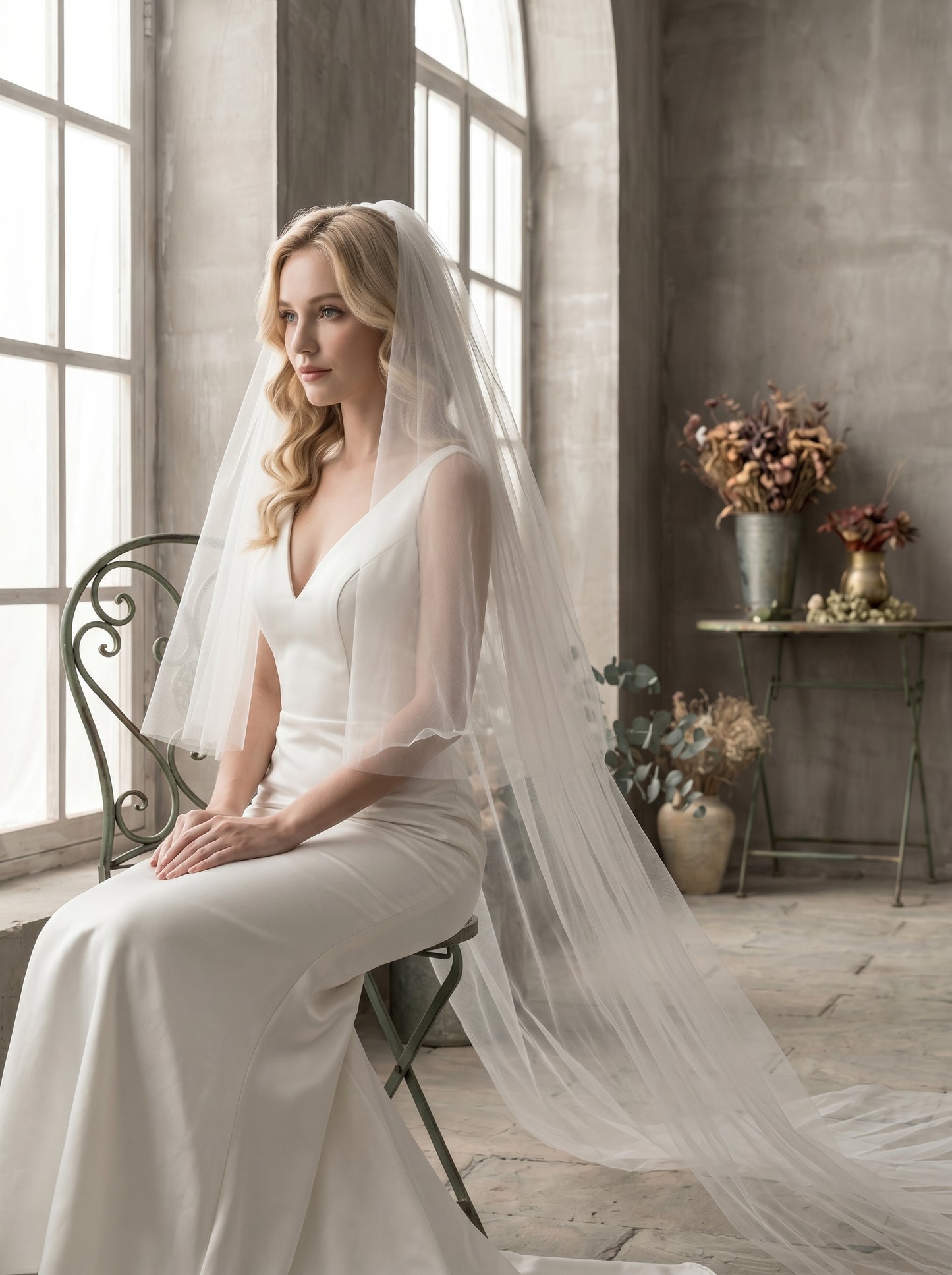 Luxury 2-Tier Structured Horsehair Edge Cathedral Veil - Milk White Swiss Tulle Wedding Veil with Comb, Cascading Ribbon Trim Blusher Veil LUNA-X73