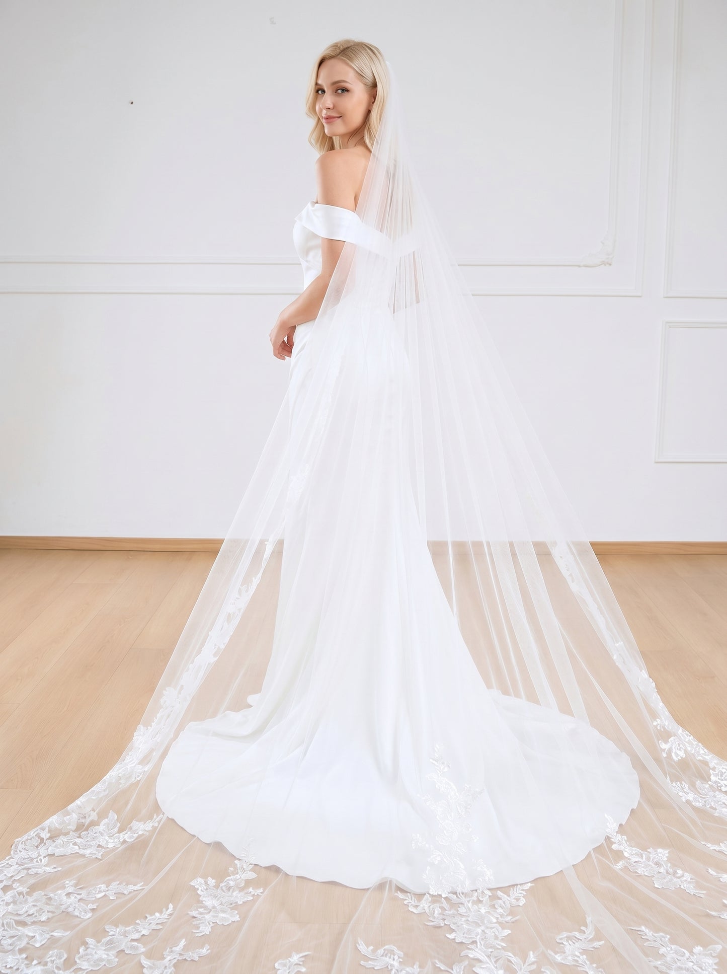 Grand Cathedral Wedding Veil - 138" Extravagant Royal Tulle with Gorgeous Heavy Lace Appliqués and Secure Metal Comb  LUNA-X07
