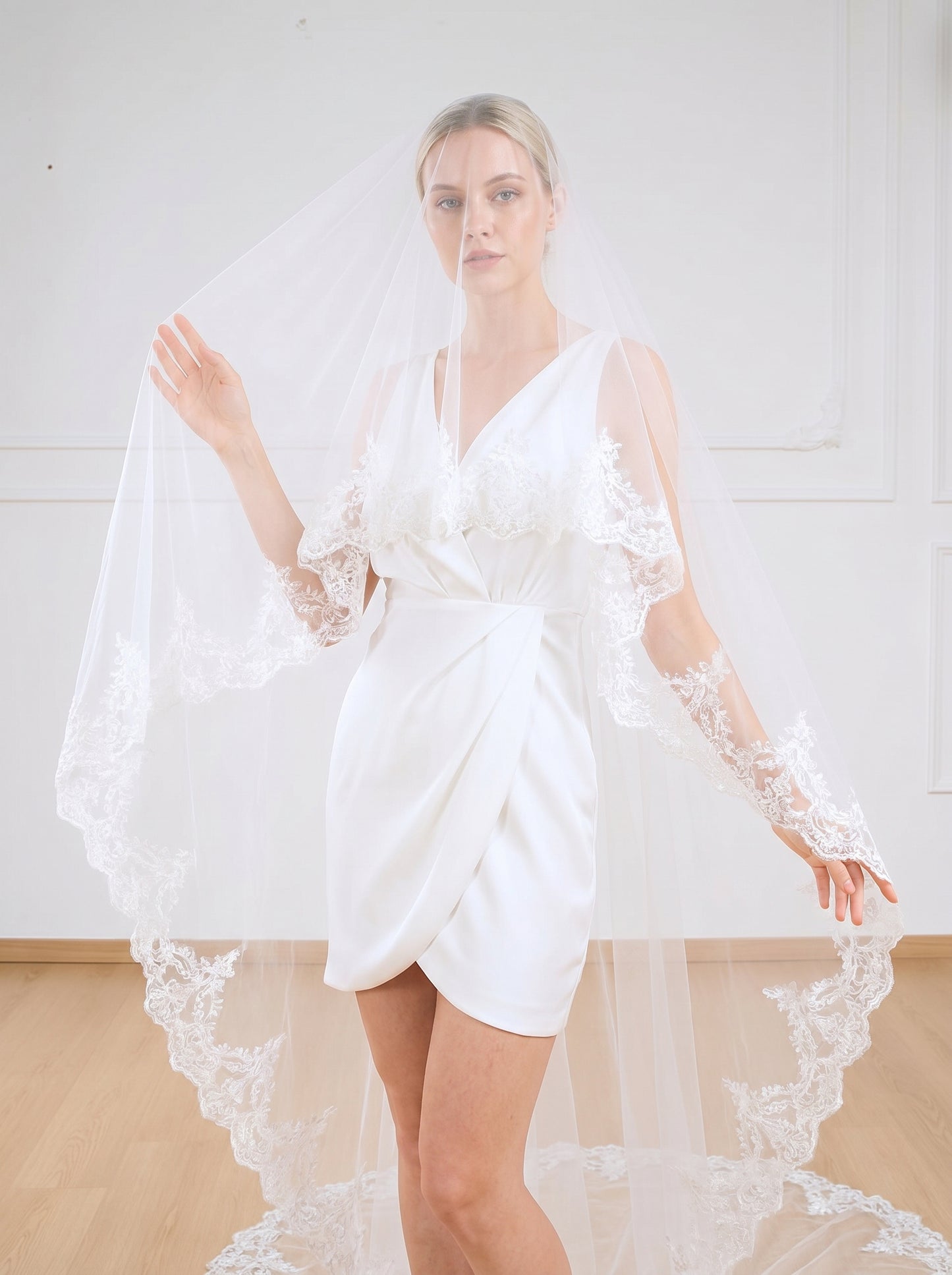 Grand Cathedral Wedding Veil - 138" Extravagant Royal Tulle with Gorgeous Heavy Lace Appliqués and Secure Metal Comb  LUNA-X07