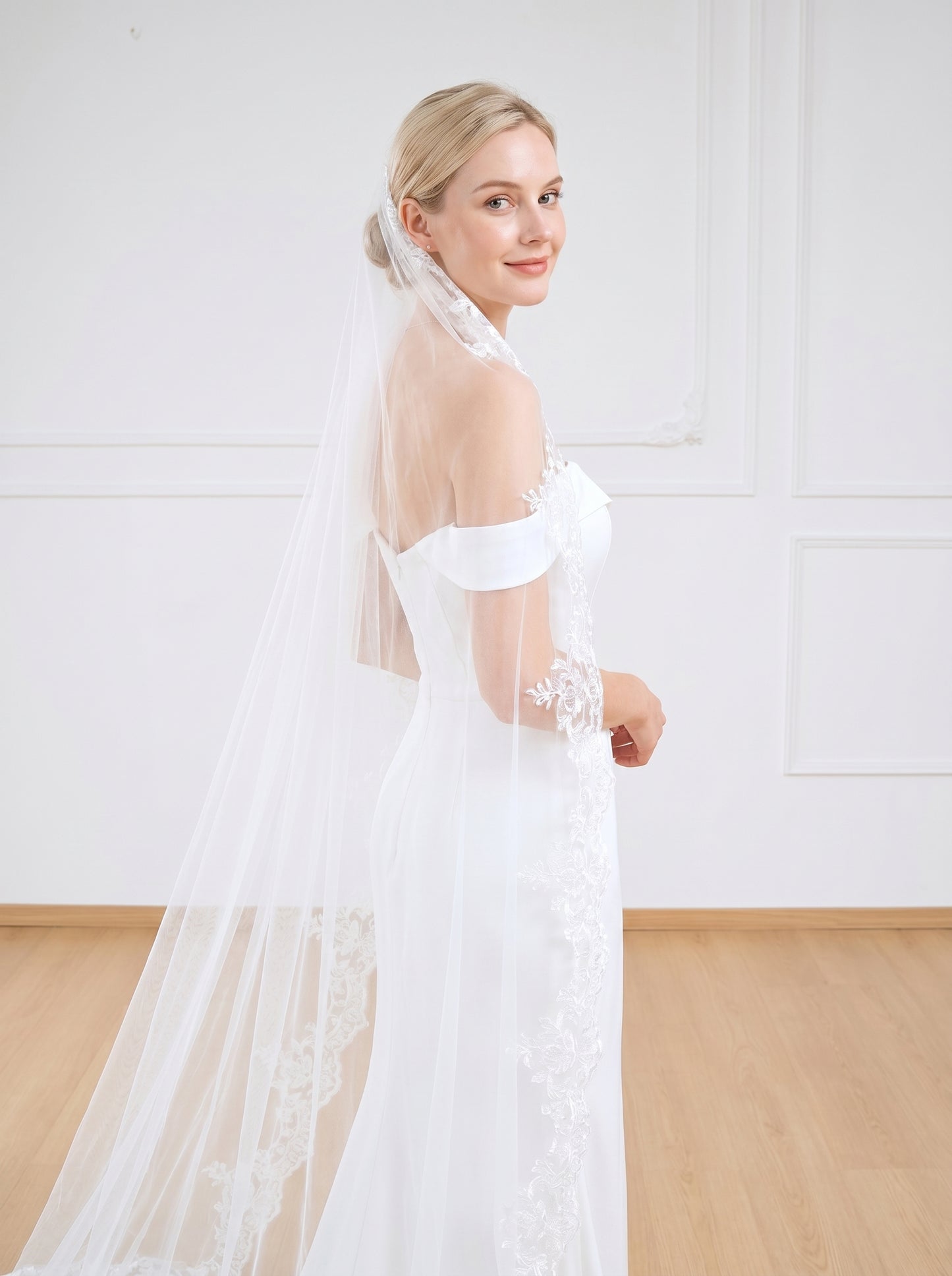 Grand Cathedral Wedding Veil - 138" Extravagant Royal Tulle with Gorgeous Heavy Lace Appliqués and Secure Metal Comb  LUNA-X07