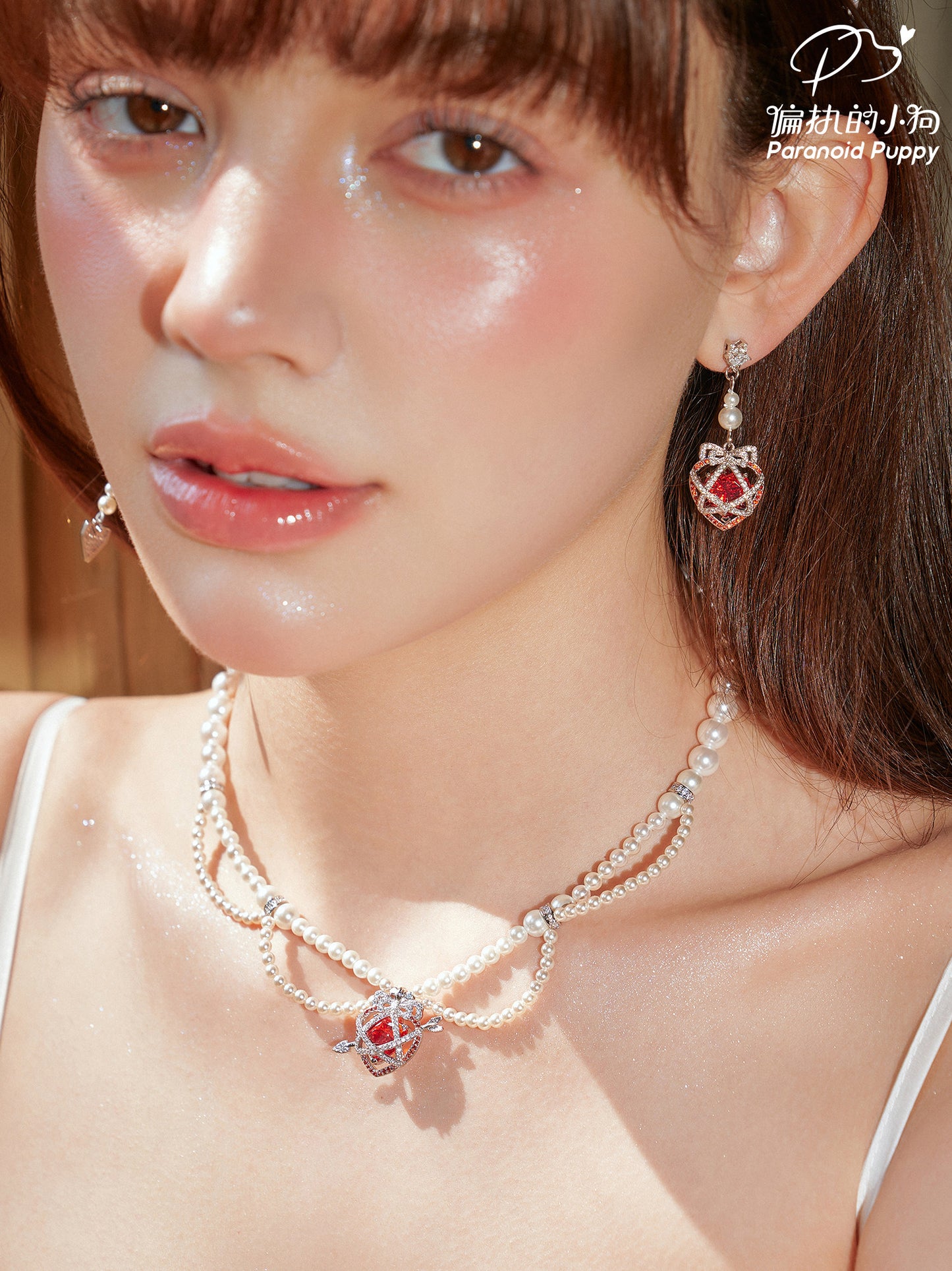 Sweet Bow Red Heart Cage Long Tassel Drop Earrings for Women, White Pearl Inlaid Cubic Zirconia Silver Tone Romantic Valentines Wedding Bridal Dangle Fine Jewelry Gift  LUNA-X299