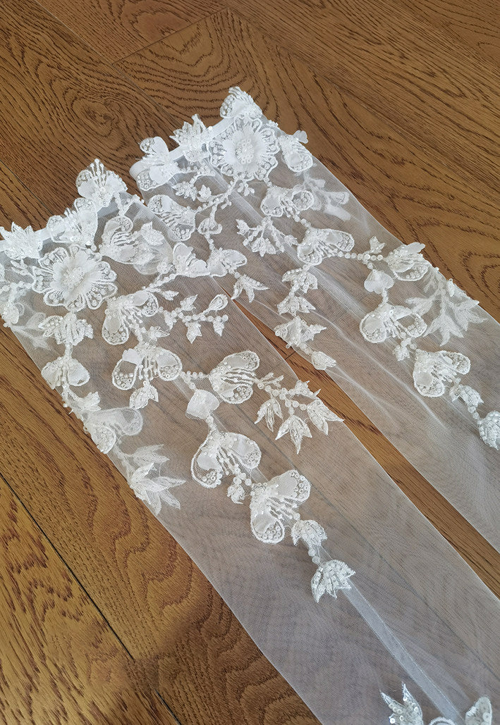 Vintage 3D Floral Bridal Sleeves - 55cm Opera Length Fingerless Wedding Gloves with Elastic Anti-Slip Cuff - Sequined White Illusion Lace Cuffs  LUNA-X323