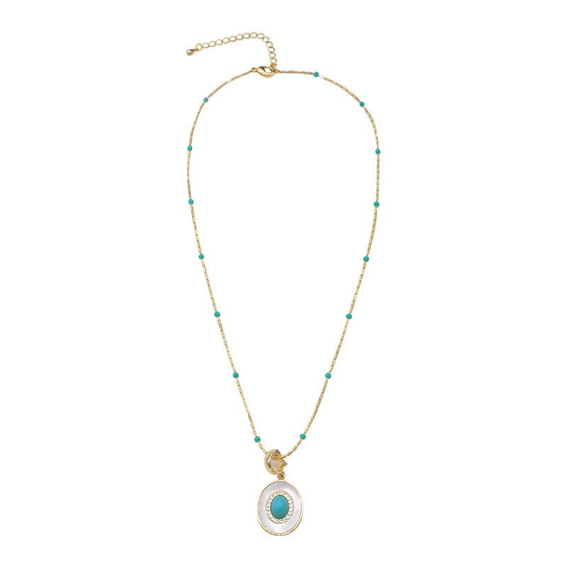 Layered Turquoise Necklace - Swarovski Crystal Pearl & Mother of Pearl Medallion Choker - Vintage French Coastal Layering Jewelry Set LUNA-X305