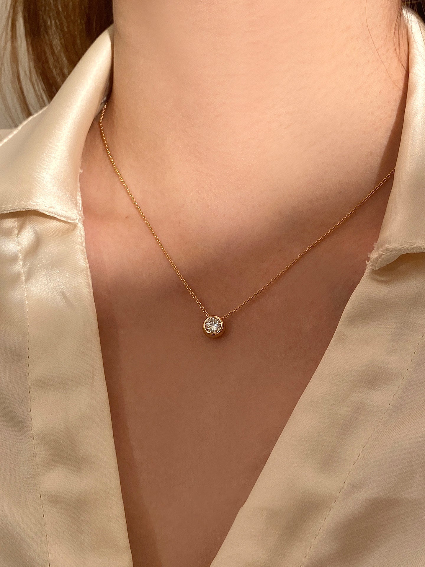 Dainty 60pt Moissanite Bezel Solitaire Gold Necklace for Women, Minimalist Round Bubble Pendant Adjustable 40+5cm Chain Daily Wear Fine Jewelry Gift  LUNA-X289