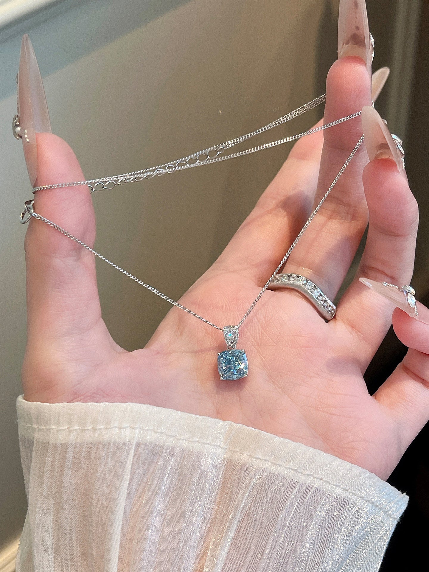 Square Aquamarine Blue Cubic Zirconia Pendant Necklace S925 Sterling Silver Dainty Thin Chain Women Wedding Daily Jewelry Gift   LUNA-X236