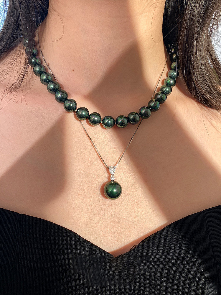 S925 Sterling Silver Cubic Zirconia Pearl Pendant Necklace For Women 14mm Two Tones Peacock Black & Cool White Shell Pearl Adjustable 40+5cm Box Chain Luxury Wedding Formal Jewelry Gift For Ladies Mom LUNA-X284