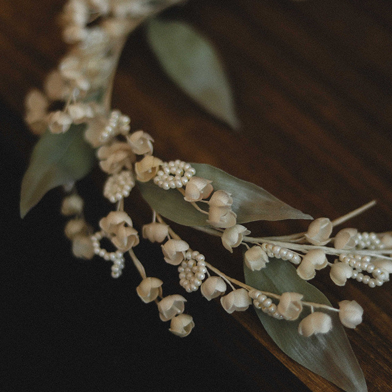 Vintage Lily of the Valley Bridal Headpiece Romantic Pearl and Silk Leaf Wedding Hair Vine Handmade Fairy Floral Tiara  LUNA-X109
