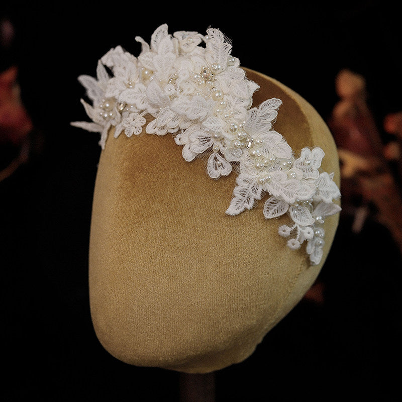 Vintage French Lace Bridal Tiara Headband Romantic Embroidered Floral Wedding Hair Vine | Handmade Bridal Crown Accessory for Modern Brides | LUNA-X112