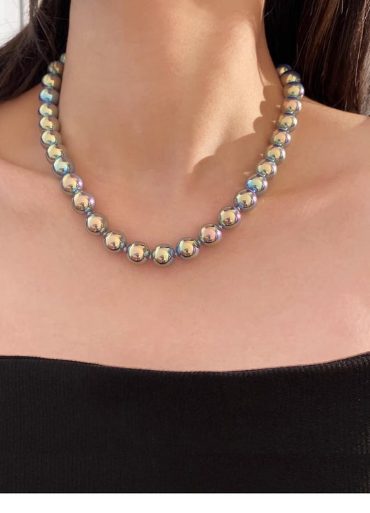 Peacock Green Australian Shell Pearl Strand Necklace for Women, 8mm & 10mm Round Iridescent Tahitian Style Pearls 42-43cm Collarbone Chain Sapphire Inlaid Windsor Clasp Luxury Formal Fine Jewelry Gift  LUNA-X303
