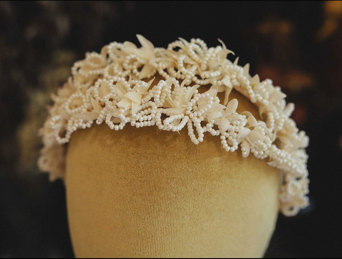 Luxury Antique Wax Flower Bridal Tiara - Hand-Woven Pearl Lattice Statement Headband - Baroque Regency Wedding Hair Crown LUNA-X332