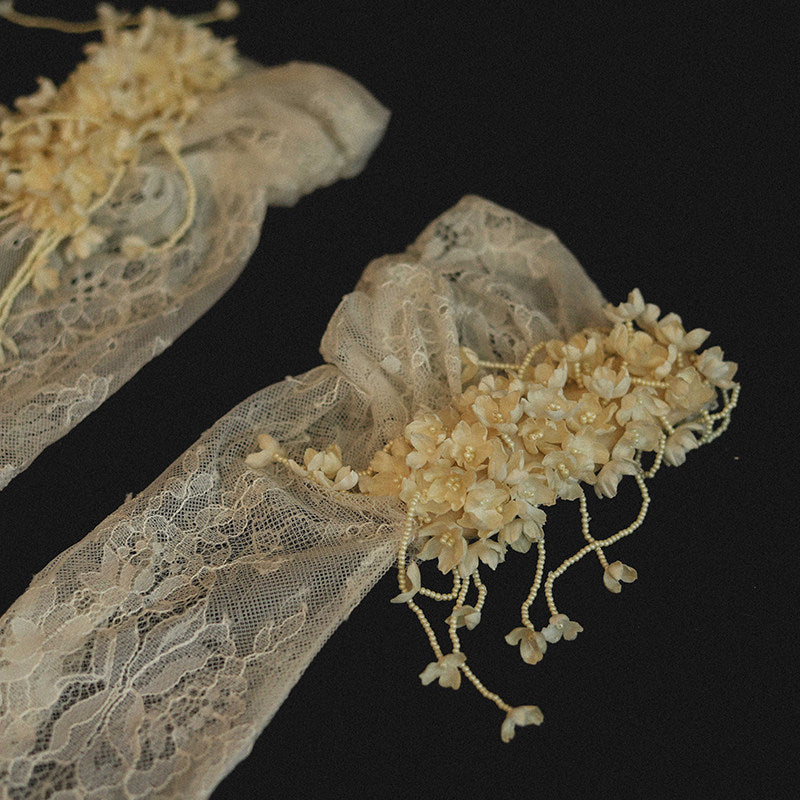 Vintage Cottagecore Lace Bridal Gloves Mid-Length 3D Floral Wedding Gloves with Cascading Beaded Tendrils | Antique Ivory Romantic Sheer Mesh Mittens | LUNA-X328