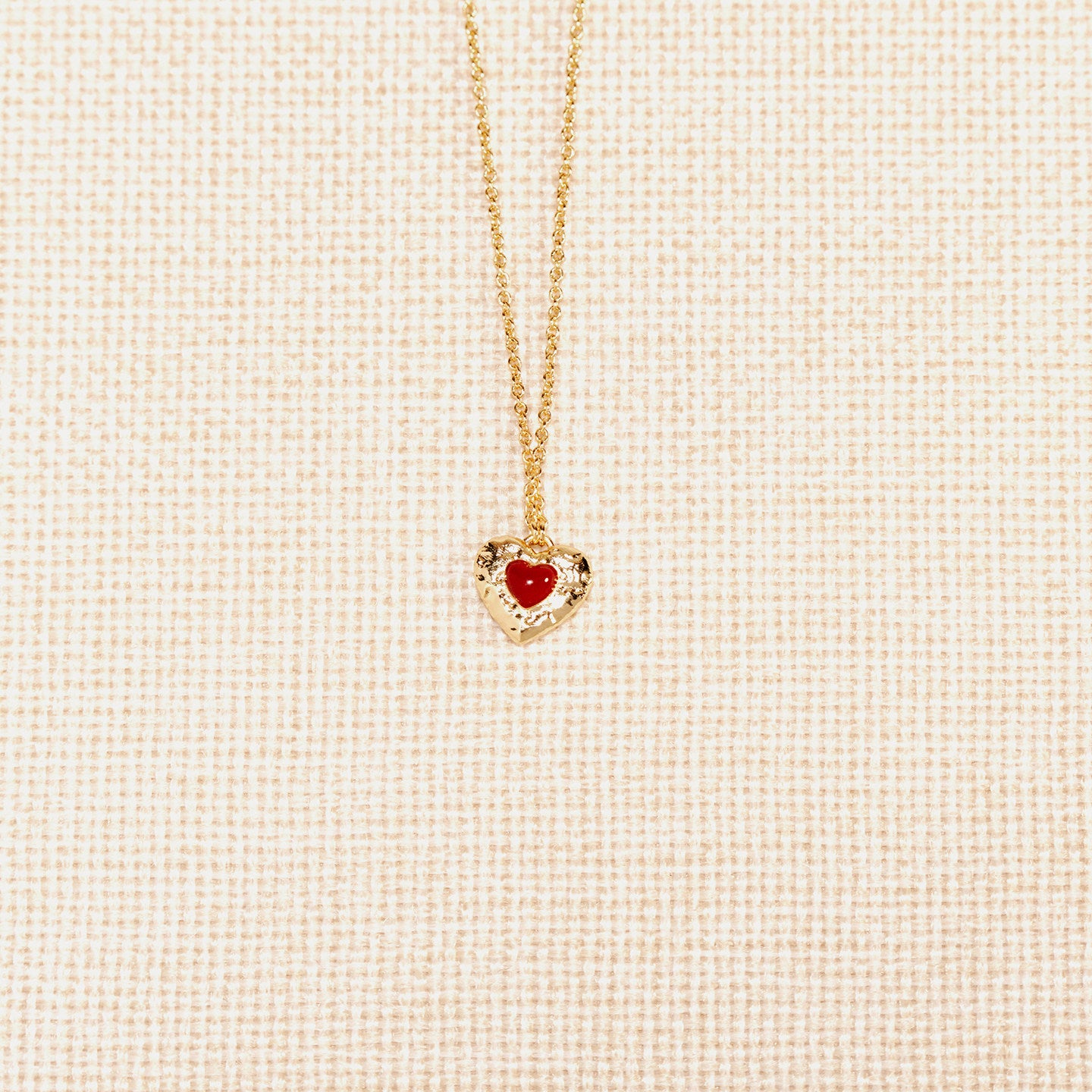 18K Gold Plated Hammered Red Enamel Heart Pendant Necklace For Women Dainty Adjustable 40+5cm Cable Chain Minimalist Romantic Valentines Daily Layering Jewelry Gift For Girlfriend LUNA-X278