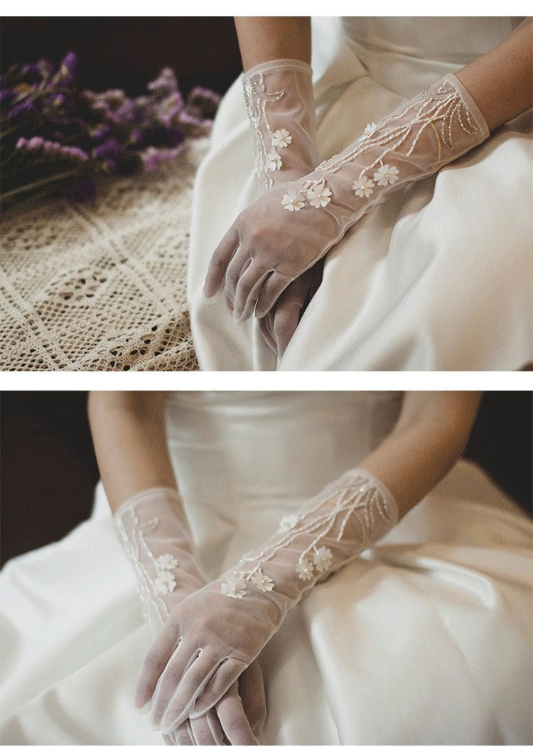 Ethereal Blossom Illusion Mesh Bridal Gloves - 35cm White 3D Floral Hand-Beaded Wedding Gloves - Vintage Cottagecore Sheer Prom Mittens LUNA-X316