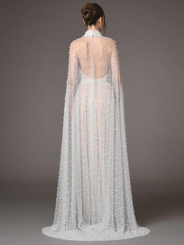 Ethereal Pearl Beaded Bridal Cape Dress - Halter Neck Open Back Wedding Reception Gown - Luxury Pearlcore Floor-Length Bridal Dress  LUNA-X233