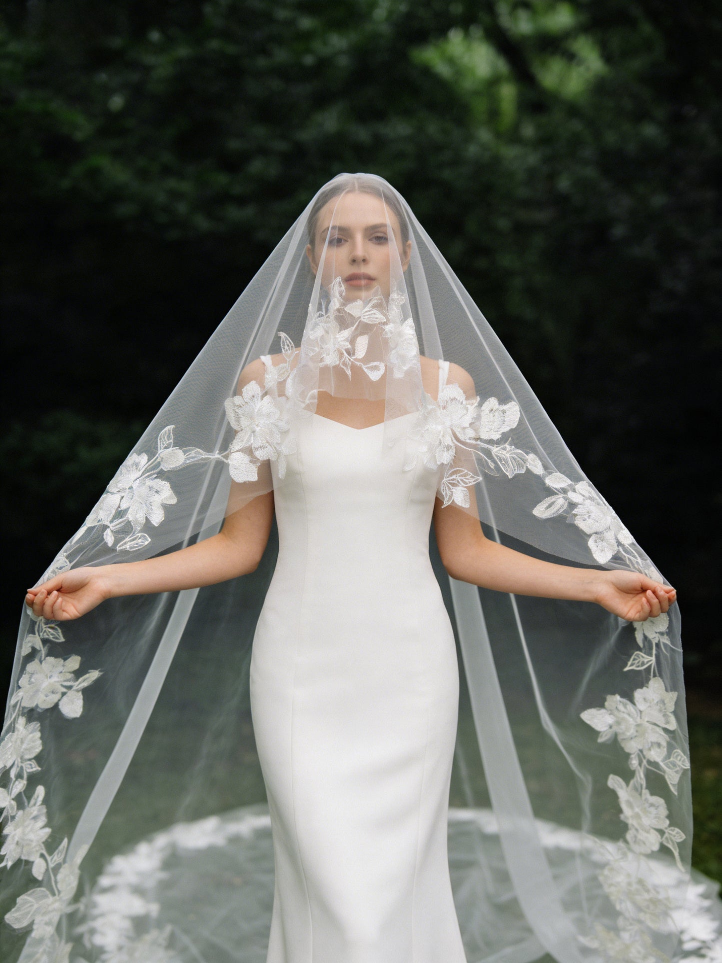 Luxury Embroidered Lace Bridal Veil 300cm - Dramatic Cathedral Length Wedding Veil with Botanical Flower Border  LUNA-X206