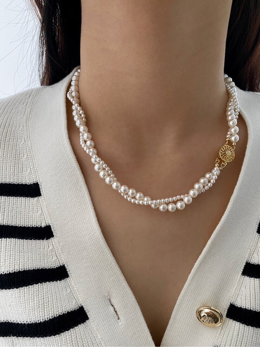Two Tone Sunflower Clasp Mixed Size Imitation Pearl Necklace For Women 3mm+6mm Gradient Pearl 45cm Adjustable Gold Silver Clasp Cream Grey Australian White French Vintage Daily Jewelry Gift For Ladies   LUNA-X287