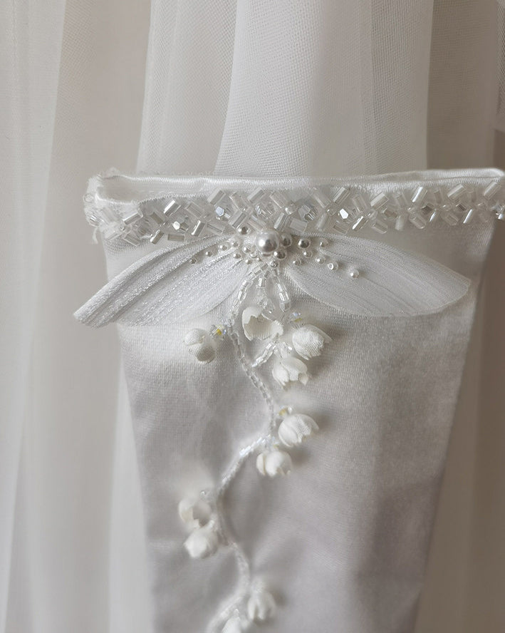 Lily of the Valley Satin Bridal Gloves - Hand-Beaded Pearl Floral Wedding Gloves - Vintage Pleated Ruffle Edge Prom & Evening Mittens (38cm/28cm) LUNA-X320