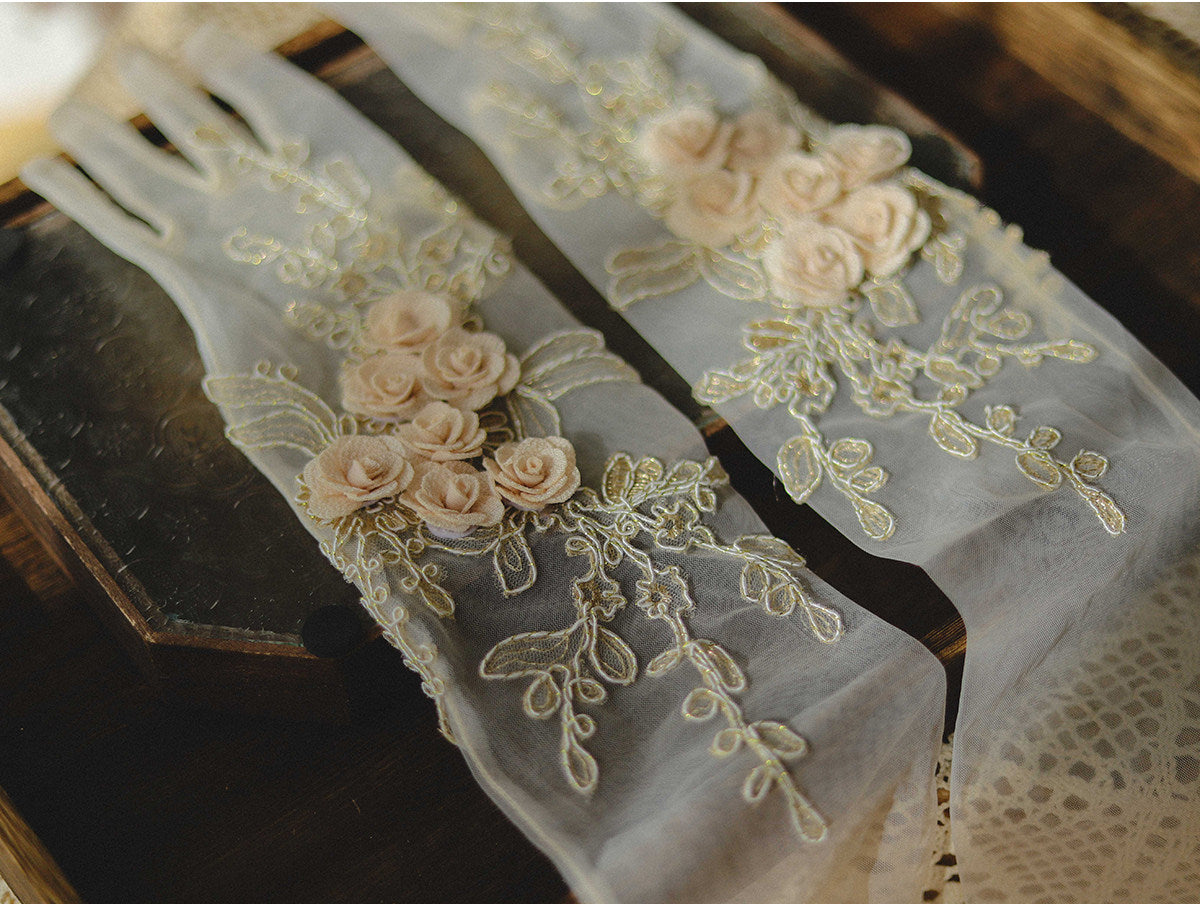 Baroque Gold Embroidered Bridal Gloves - 48cm Opera Length Sheer Mesh Wedding Gloves - Luxury 3D Rosette French Vintage Princess Mittens LUNA-X327