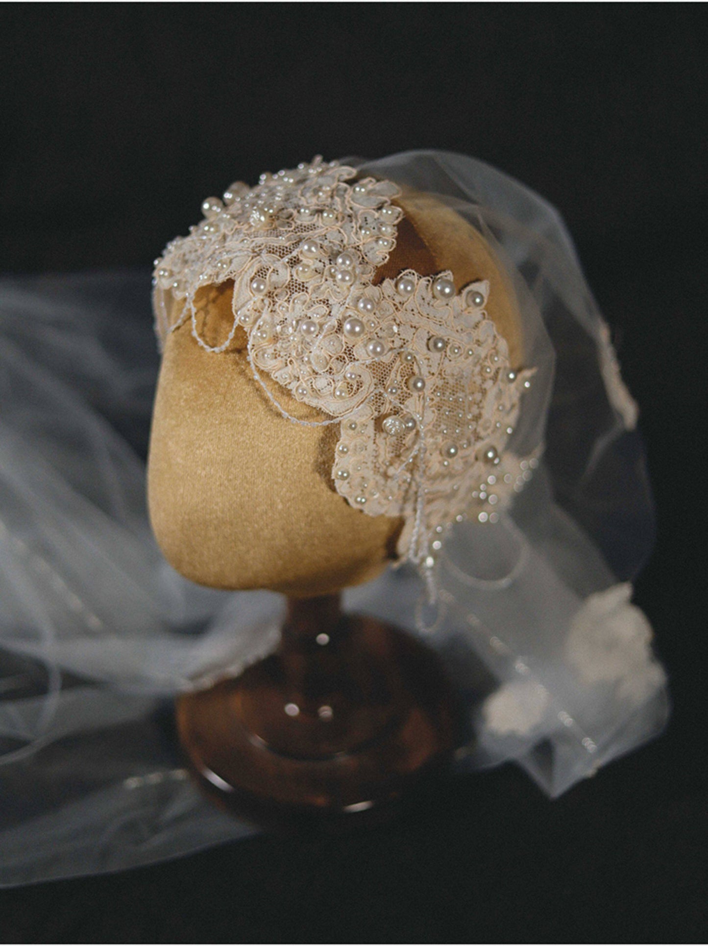 Luxury Juliet Cap Bridal Veil - Vintage Edwardian Pearl-Encrusted Wedding Hair Piece - Royal Lace Bridal Cap Veil with Scalloped Drapes  LUNA-X329