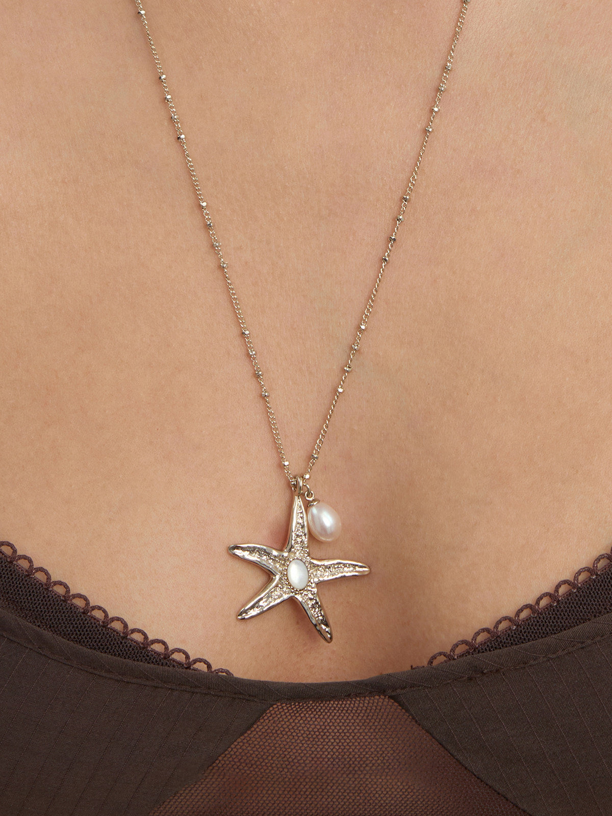 Ocean Series Textured Starfish Pendant Necklace, Two Sizes Pale Titanium Gold with Freshwater Pearl & Mother of Pearl Adjustable Chain for Women   LUNA-X261