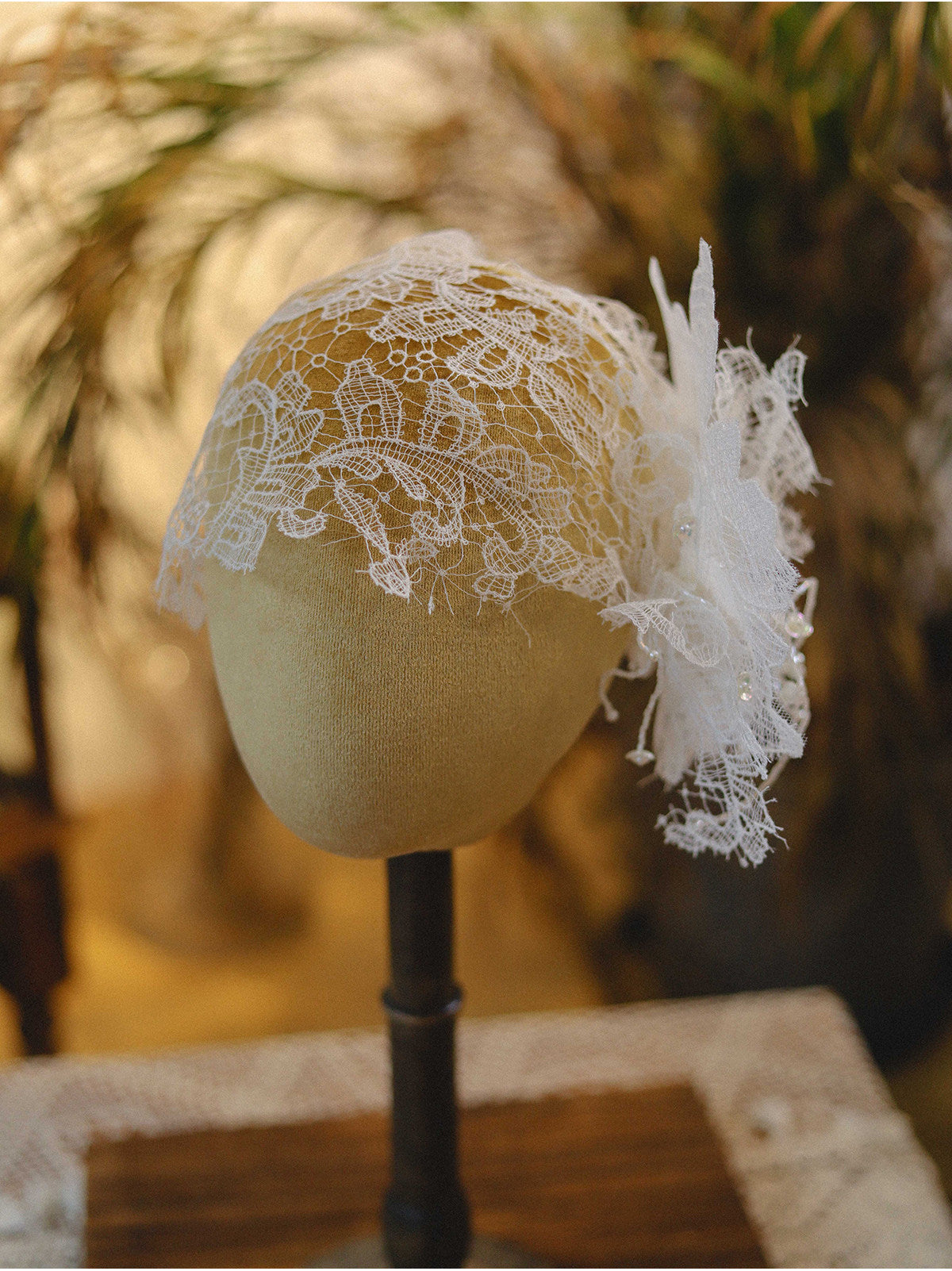 Vintage 1920s Juliet Cap Bridal Veil - Statement Chantilly Lace Wedding Headband - Luxury 3D Floral Flapper Headpiece with Pearl Droplets  LUNA-X330