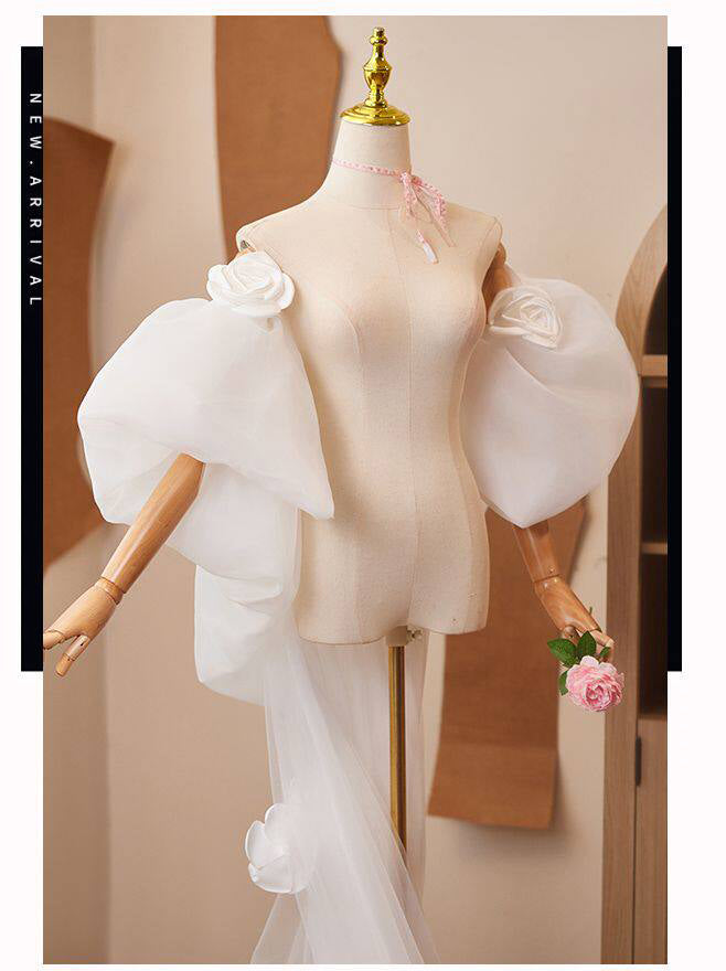 Romantic 3D Rose Bridal Cape Veil - Dramatic Puff Sleeve Wedding Capelet - Luxury Satin Floral Cathedral Train Shawl LUNA-X234