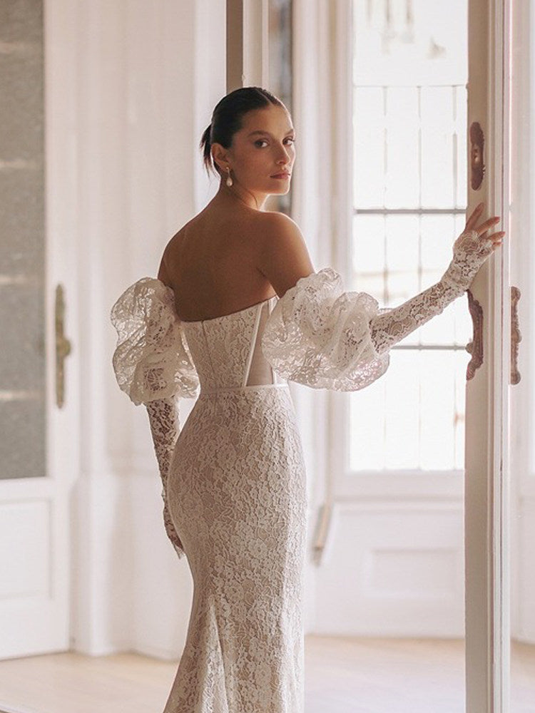 Detachable Lace Bridal Puff Sleeves - 55cm Vintage Victorian Wedding Gloves - Statement Fingerless Eyelash Lace Arms Cuffs with Elastic Top  LUNA-X322