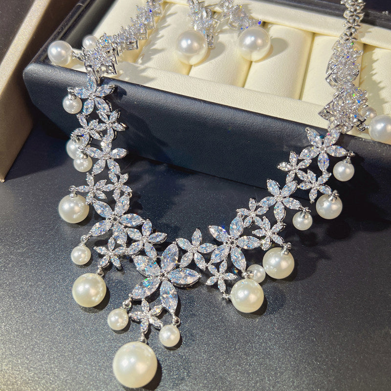 Luxury Marquise Zircon Wheat Ear Bridal Jewelry Set, Platinum Plated Geometric Leaf Choker Necklace & Shimmering Dangle Earrings with S925 Silver Pins LUNA-X159
