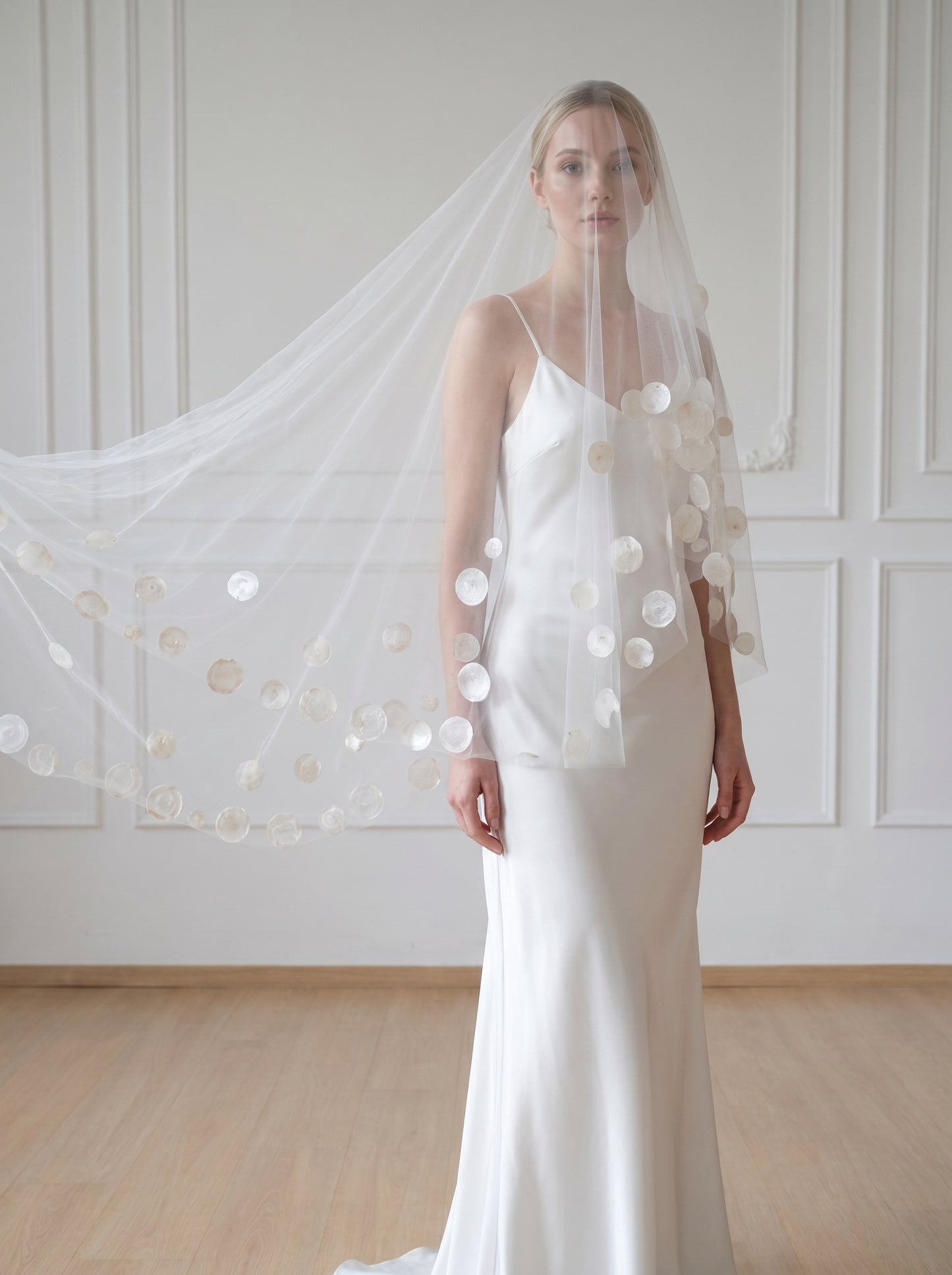 Ethereal Pure White Drop Veil - Minimalist Cut Edge Blusher Veil, Waist Length No Comb Bridal Veil  LUNA-X10