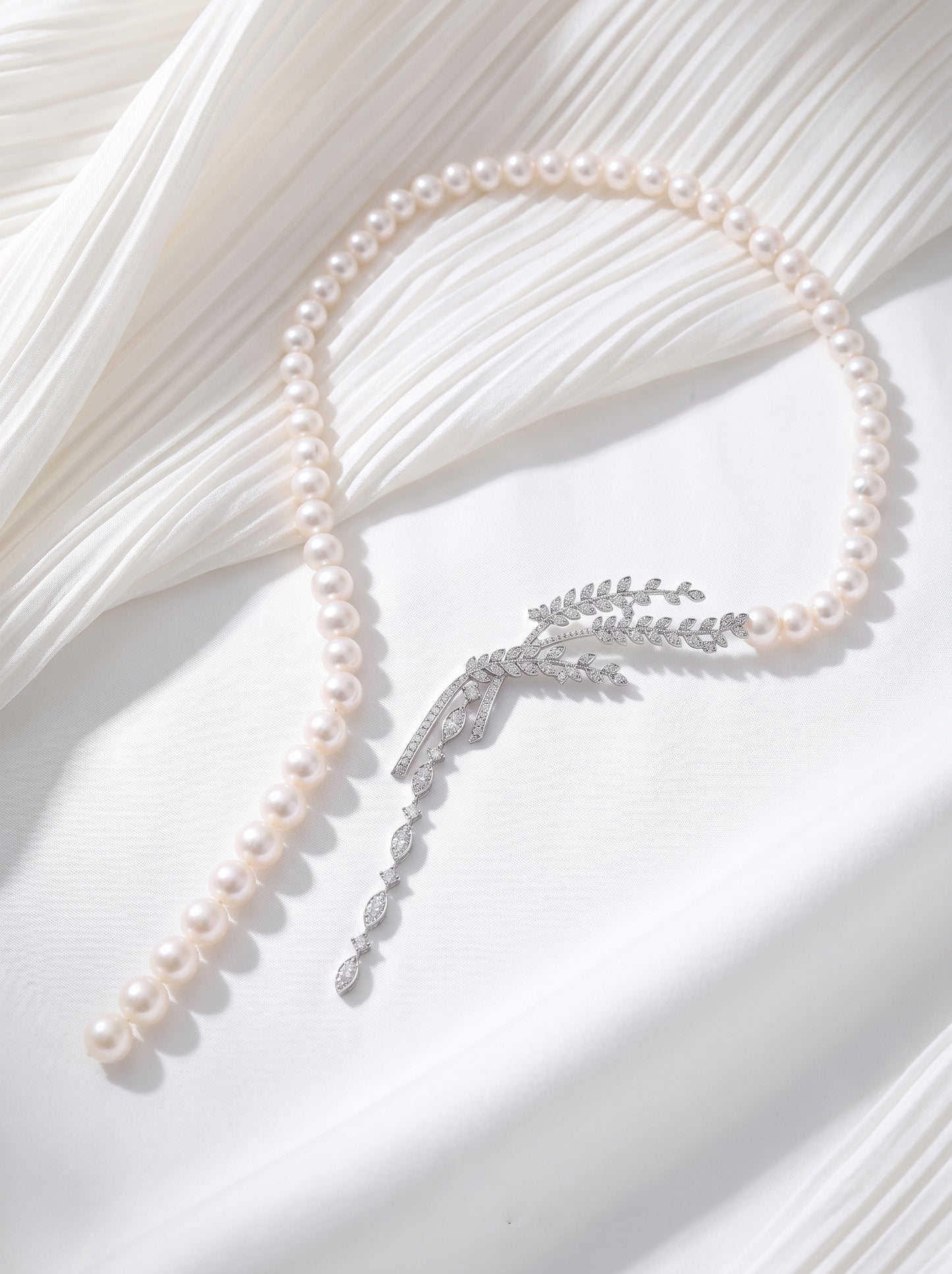 "Audrey's Garden" Freshwater Pearl & Marquise Zircon Leaf Drop Necklace, Platinum Plated Bridal & Timeless Cocktail Statement Jewelry LUNA-X167