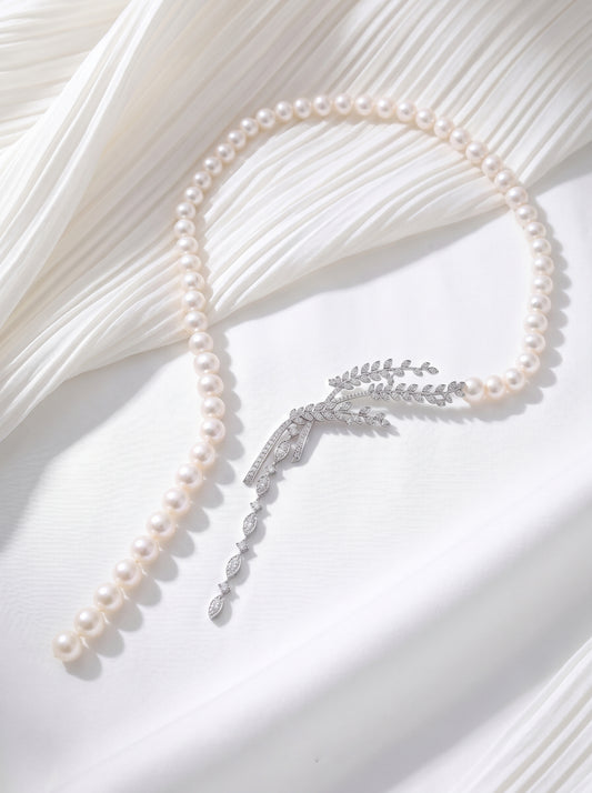 "Audrey's Garden" Freshwater Pearl & Marquise Zircon Leaf Drop Necklace, Platinum Plated Bridal & Timeless Cocktail Statement Jewelry LUNA-X167