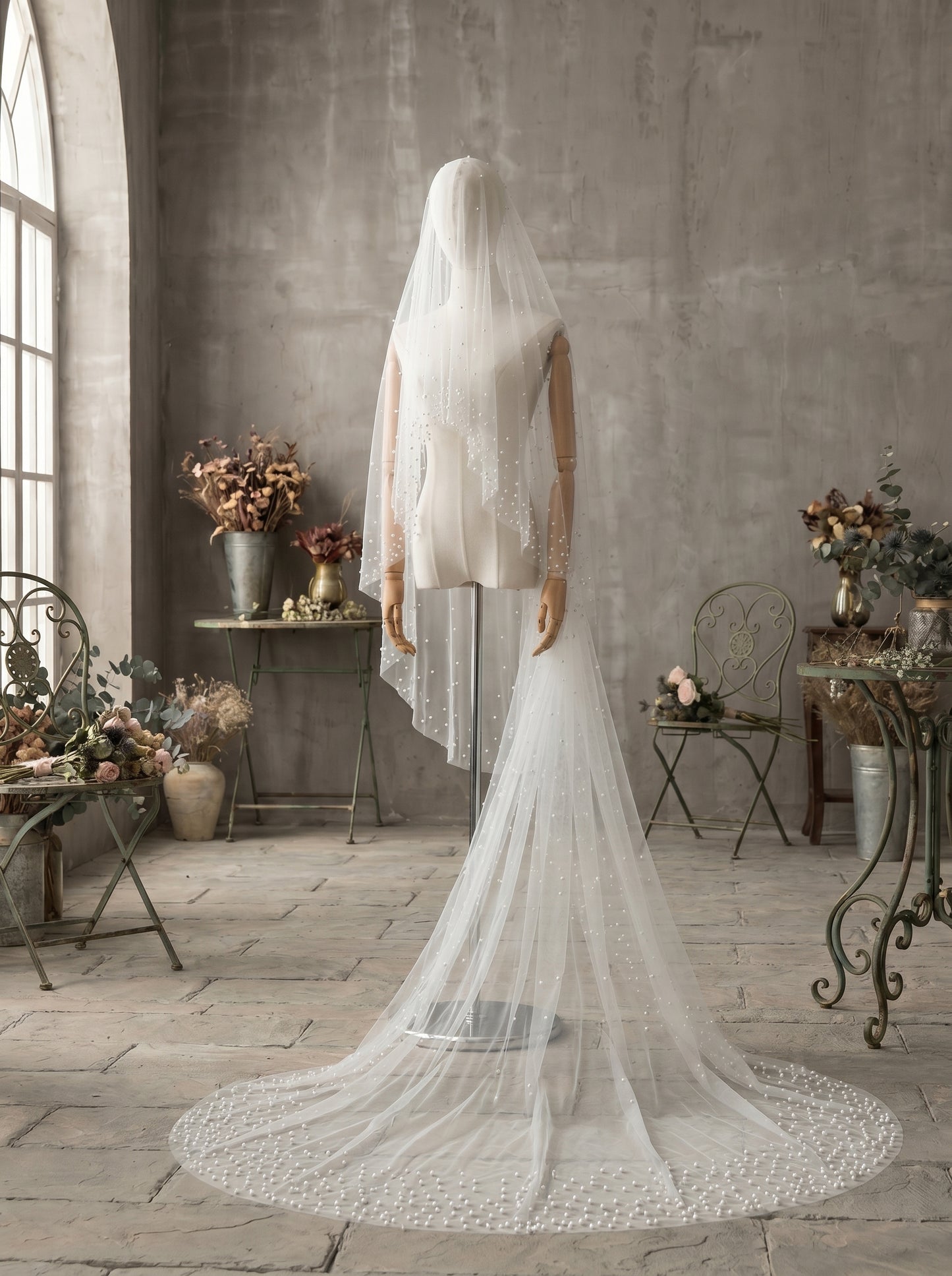 3M No Comb Pearl Wedding Veil, 118" Long 63" Wide Single Tier Cathedral Veil, Milk White Soft Netting Blusher Veil with Scattered Pearls LUNA-X92