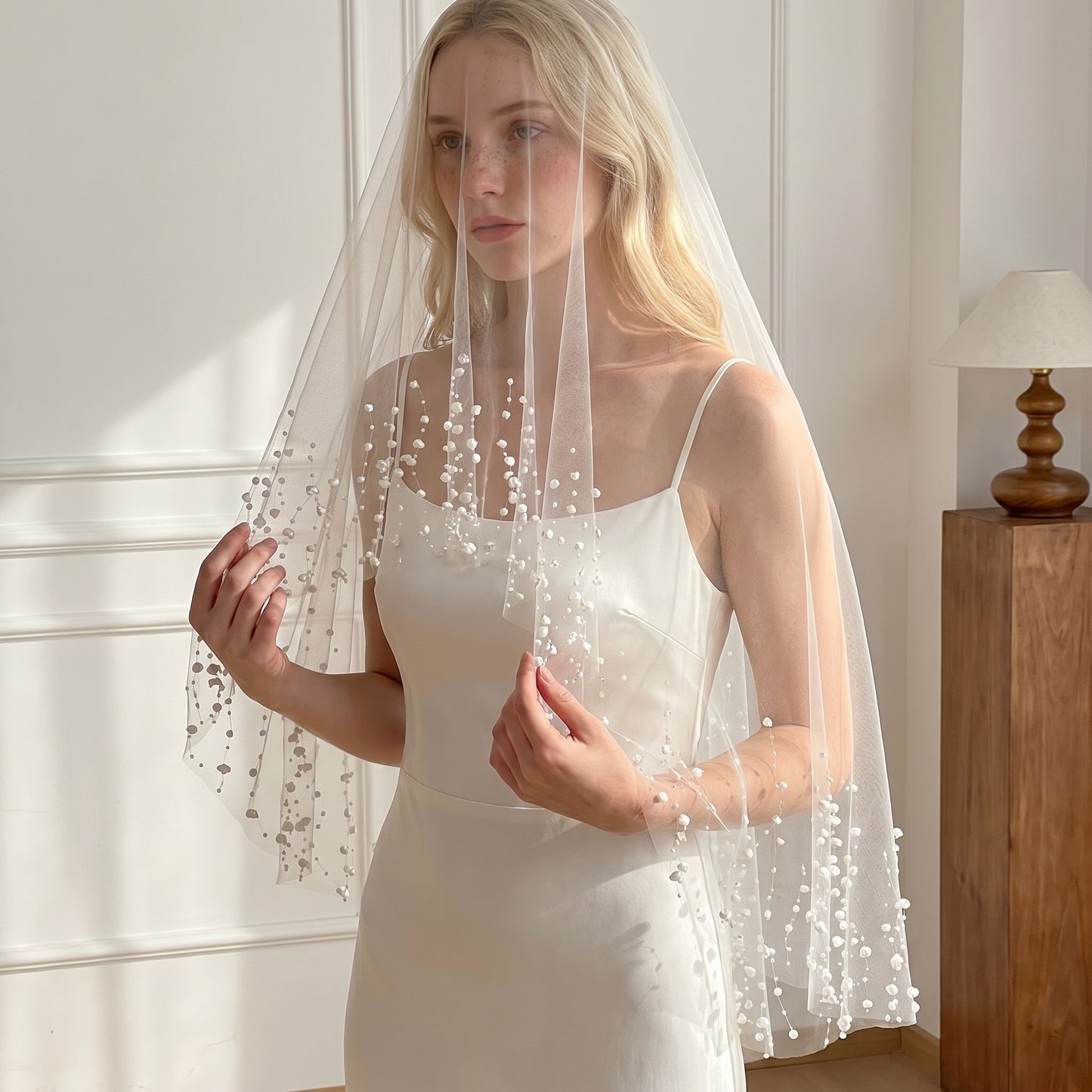 Elegant 1.5m Fingertip Wedding Veil - Soft Romantic Tulle with Exquisite Floral Lace Border, No Comb for Styling Freedom LUNA-X04