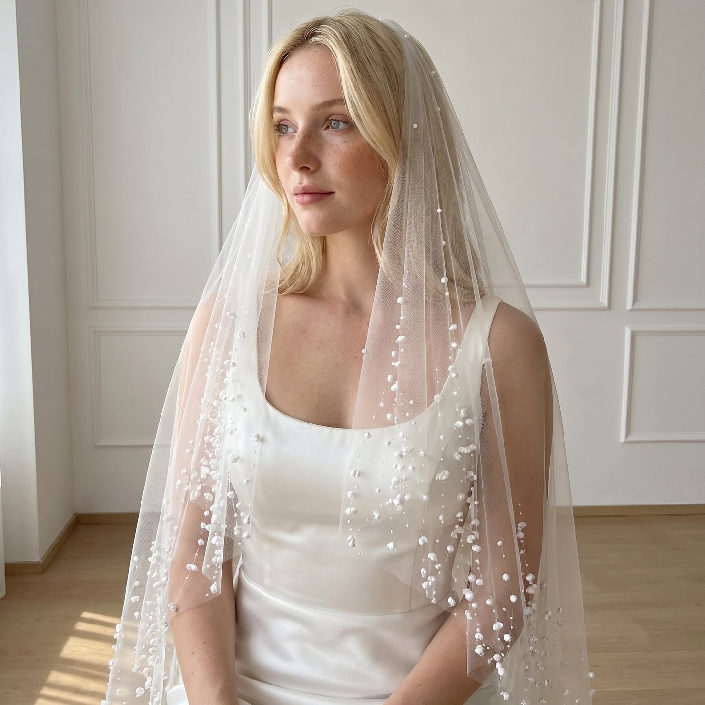 Elegant 1.5m Fingertip Wedding Veil - Soft Romantic Tulle with Exquisite Floral Lace Border, No Comb for Styling Freedom LUNA-X04