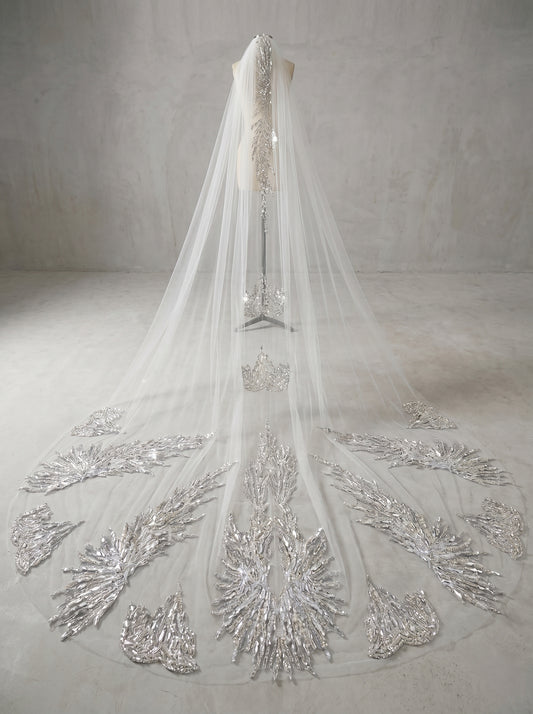 Luxury Regal Cathedral Wedding Veil - 138"/150" Sparkly Sequin & Beaded Floral Embroidery Veil with Secure Comb LUNA-X16