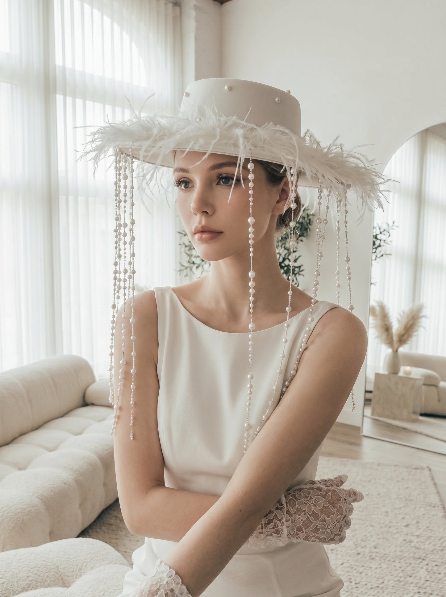 Avant-Garde Wide-Brim Bridal Fascinator Hat - Structured Off-White Wedding Cap with Shimmering Pearl Strands and Fluffy Feathers  LUNA-X198