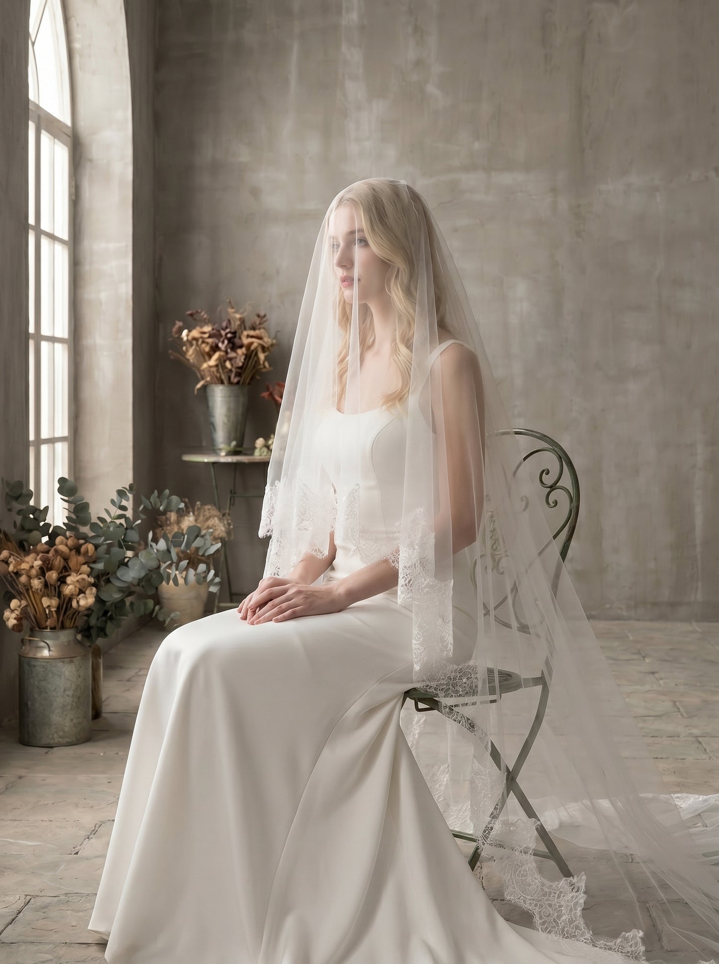Classic 2.8M Cathedral Wedding Veil with Comb - Single Tier Milk White Soft Tulle Veil, Continuous Chantilly Lace Edge Bridal Veil, 110" Sleek Train Veil  LUNA-X76