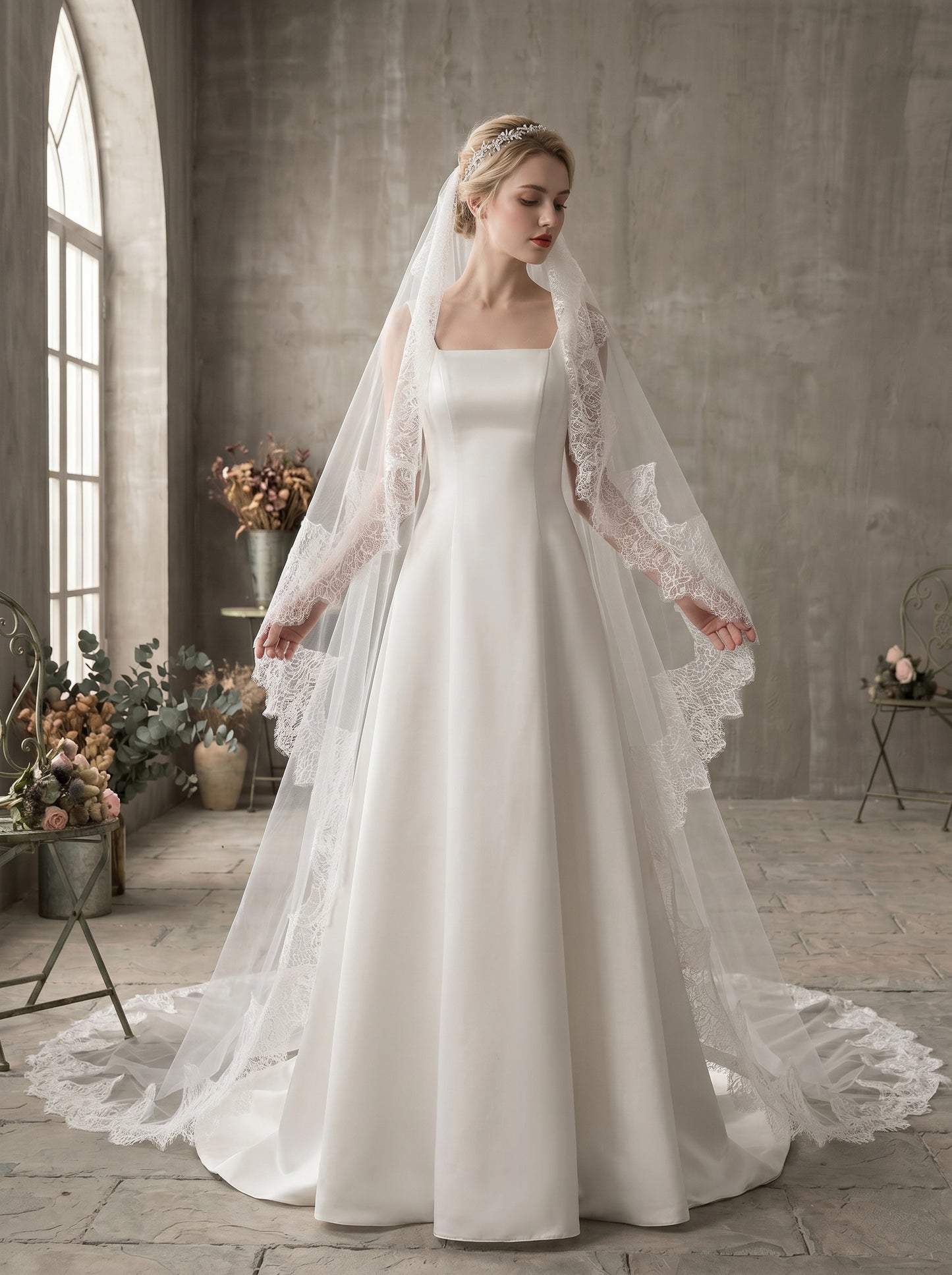 Classic 2.8M Cathedral Wedding Veil with Comb - Single Tier Milk White Soft Tulle Veil, Continuous Chantilly Lace Edge Bridal Veil, 110" Sleek Train Veil  LUNA-X76