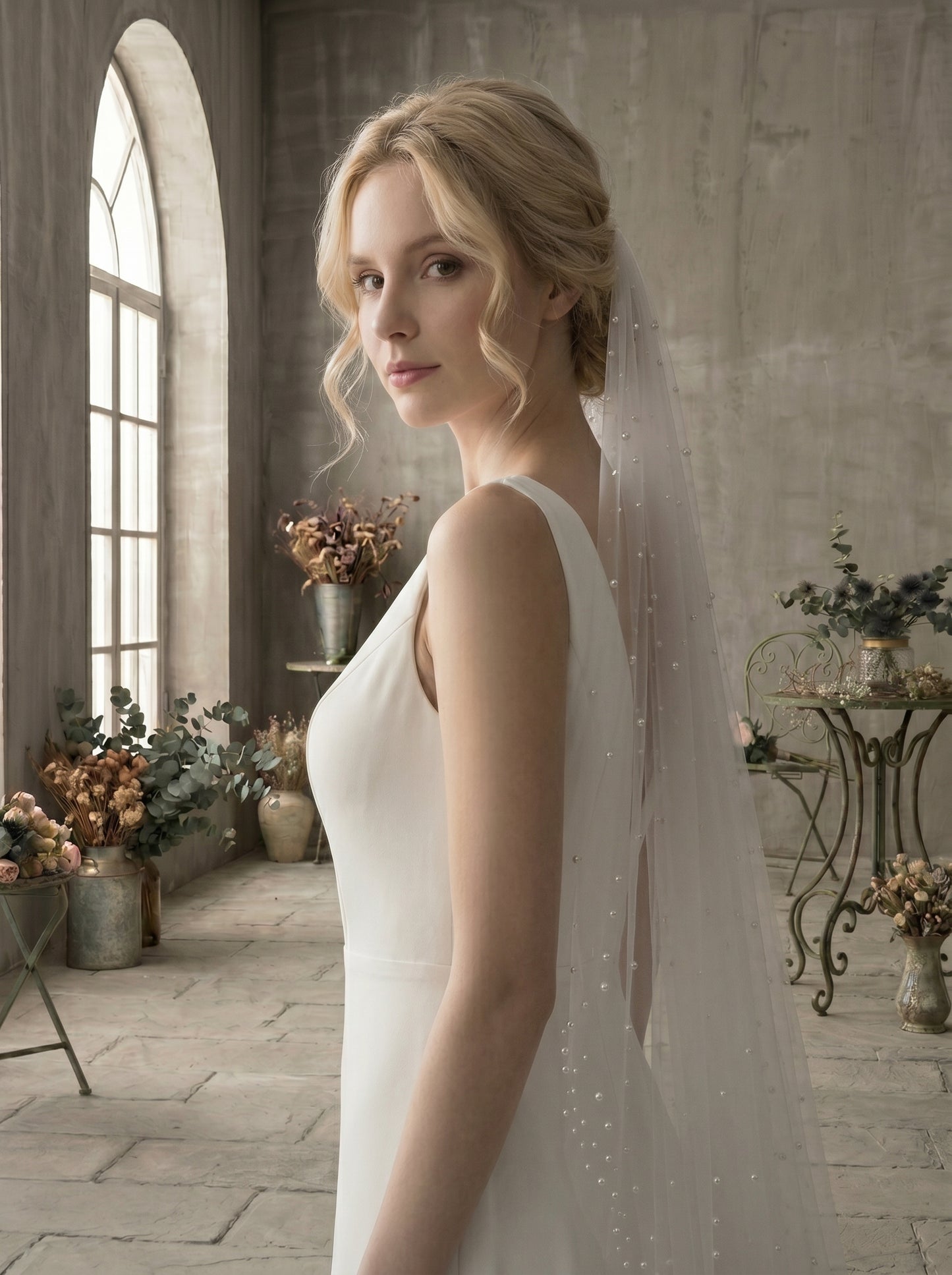 3M No Comb Pearl Wedding Veil, 118" Long 63" Wide Single Tier Cathedral Veil, Milk White Soft Netting Blusher Veil with Scattered Pearls LUNA-X92