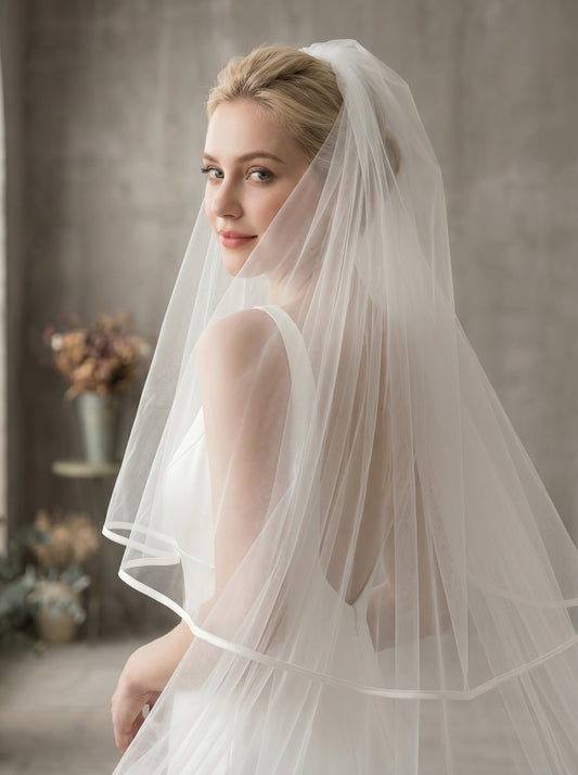 Luxury 2-Tier Structured Cathedral Veil with Blusher - Milk White Crisp Illusion Tulle Wedding Veil with Comb, High-Volume Satin Ribbon Edge Bridal Veil  LUNA-X75