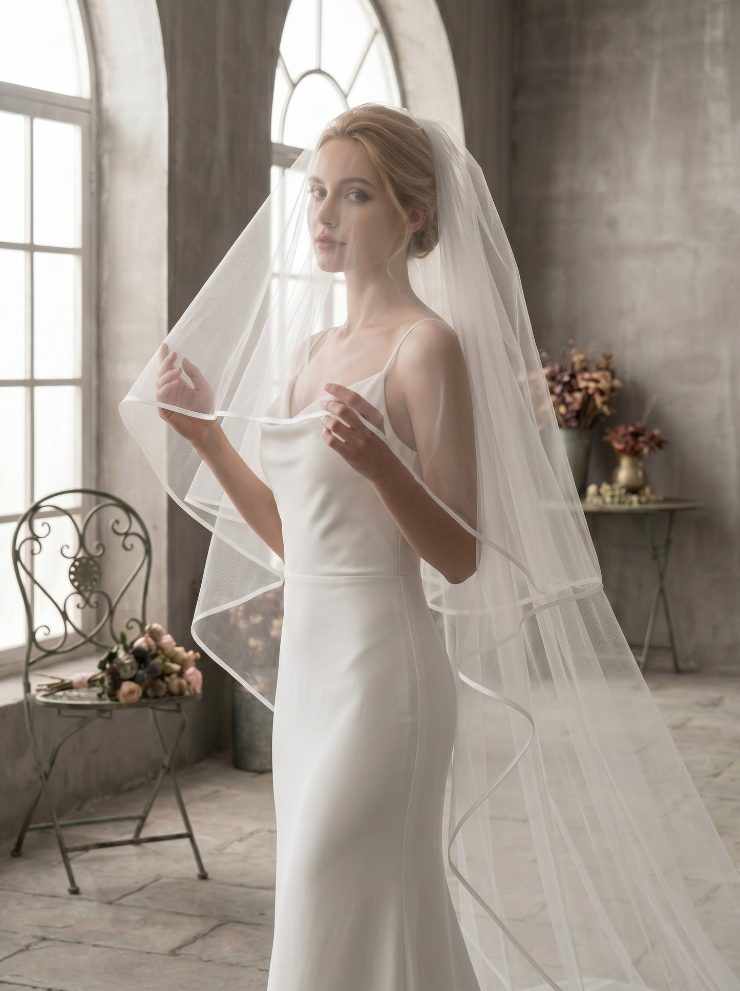 Luxury 2-Tier Structured Cathedral Veil with Blusher - Milk White Crisp Illusion Tulle Wedding Veil with Comb, High-Volume Satin Ribbon Edge Bridal Veil  LUNA-X75